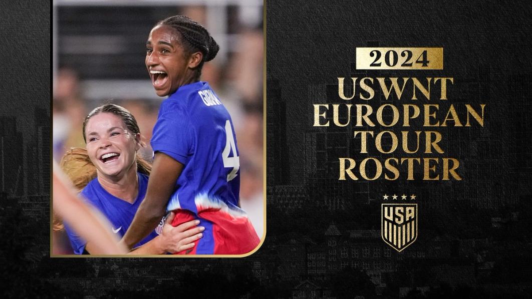 Graphic with a photo of Naomi Girma and text USWNT European Tour Roster