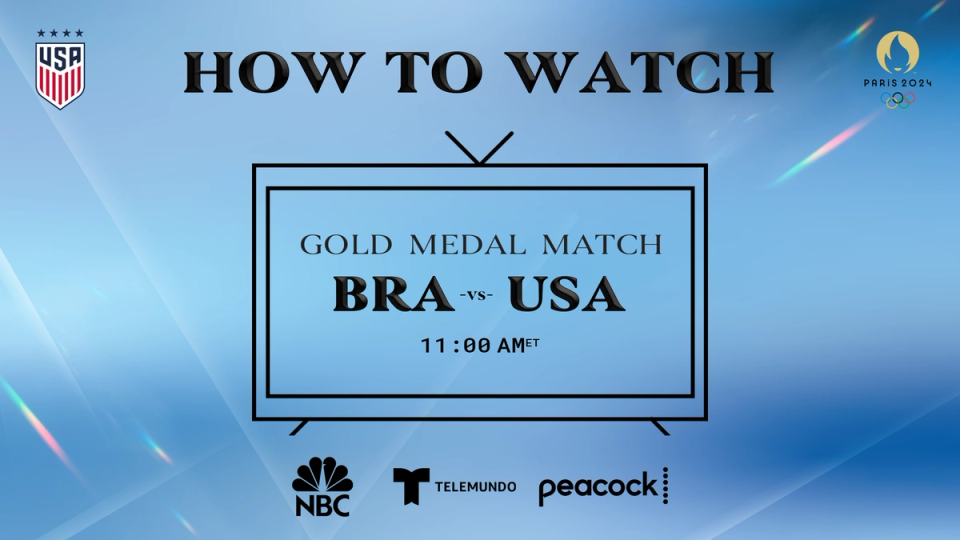 Graphic with text HOW TO WATCH Gold Medal Match USA vs BRA 11 am ET NBC Telemundo Peacock