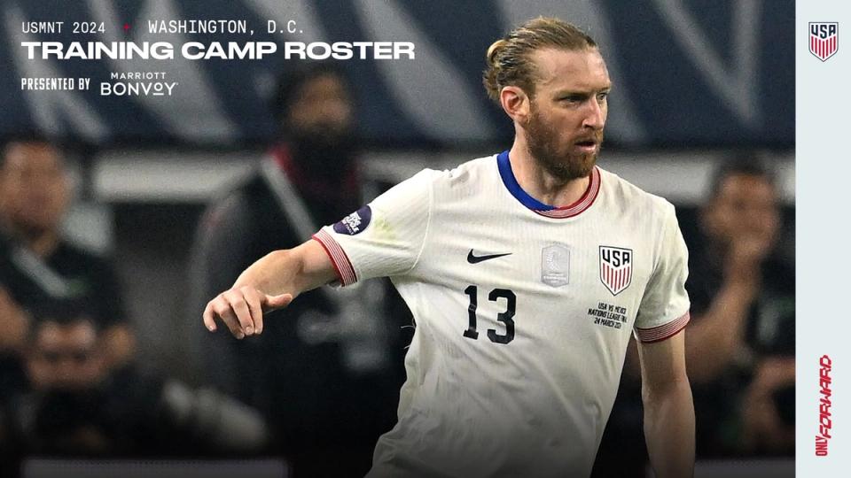 Text USMNT 2024 Washington DC Training Camp Roster presented by Marriott Bonvoy with USMNT player Tim Ream in photo