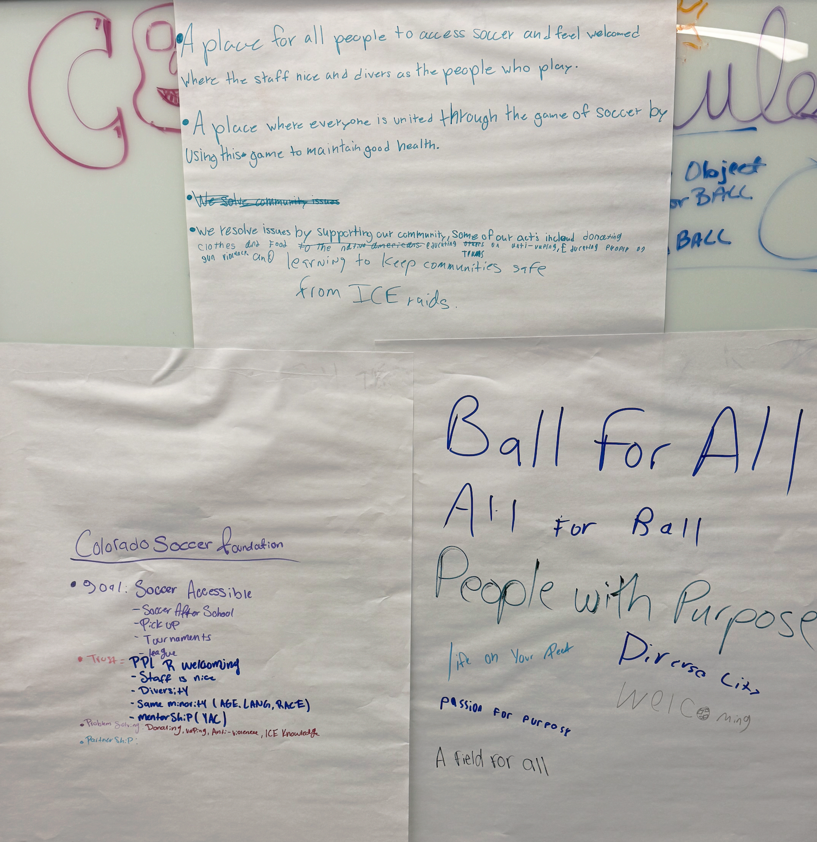 Handwritten community notes about inclusion, belonging, and accessible soccer at Colorado Soccer Foundation.