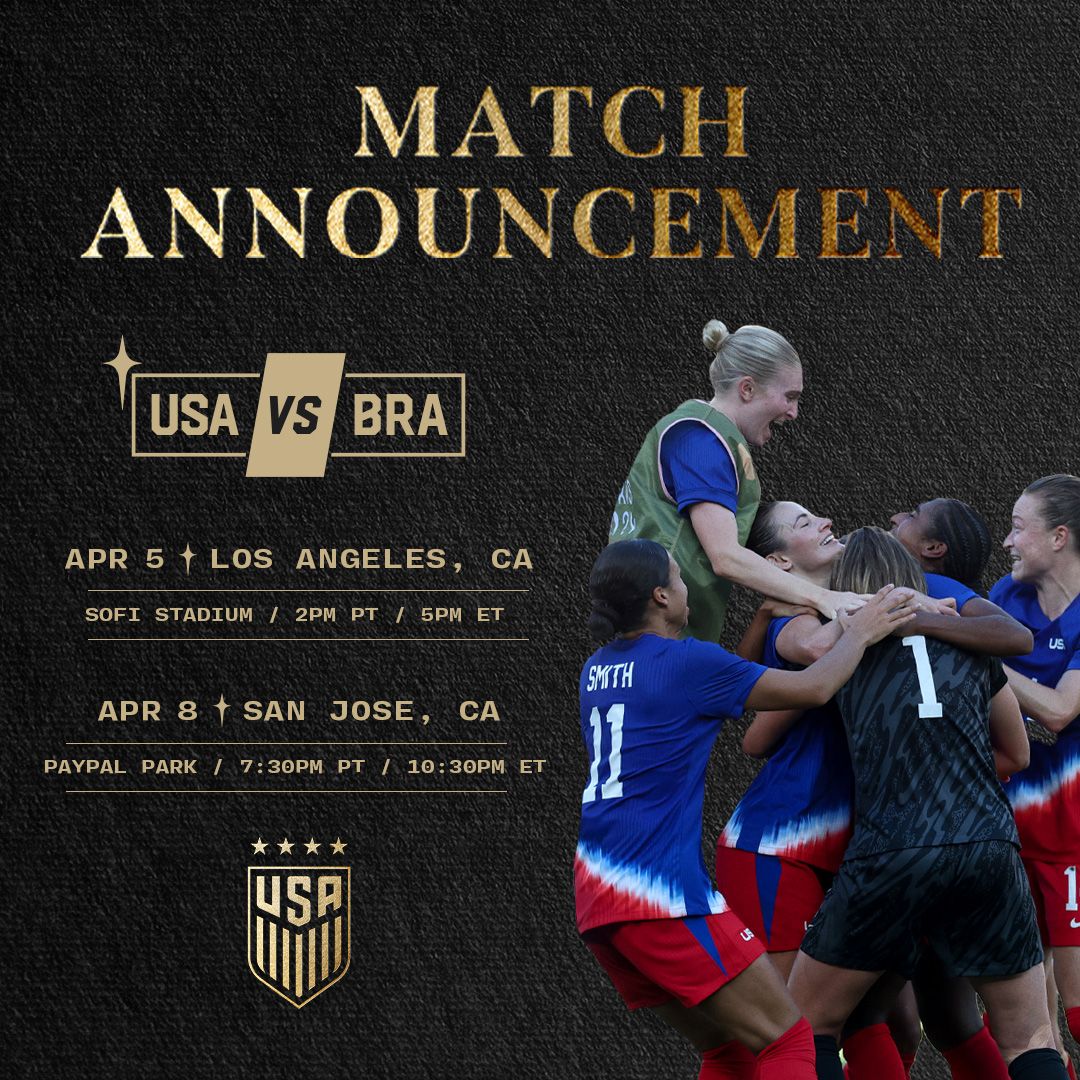 Olympic Gold Medal Rematches Set for April as U.S. Women’s National Team Will Face Brazil in Los Angeles and San Jose, Calif.