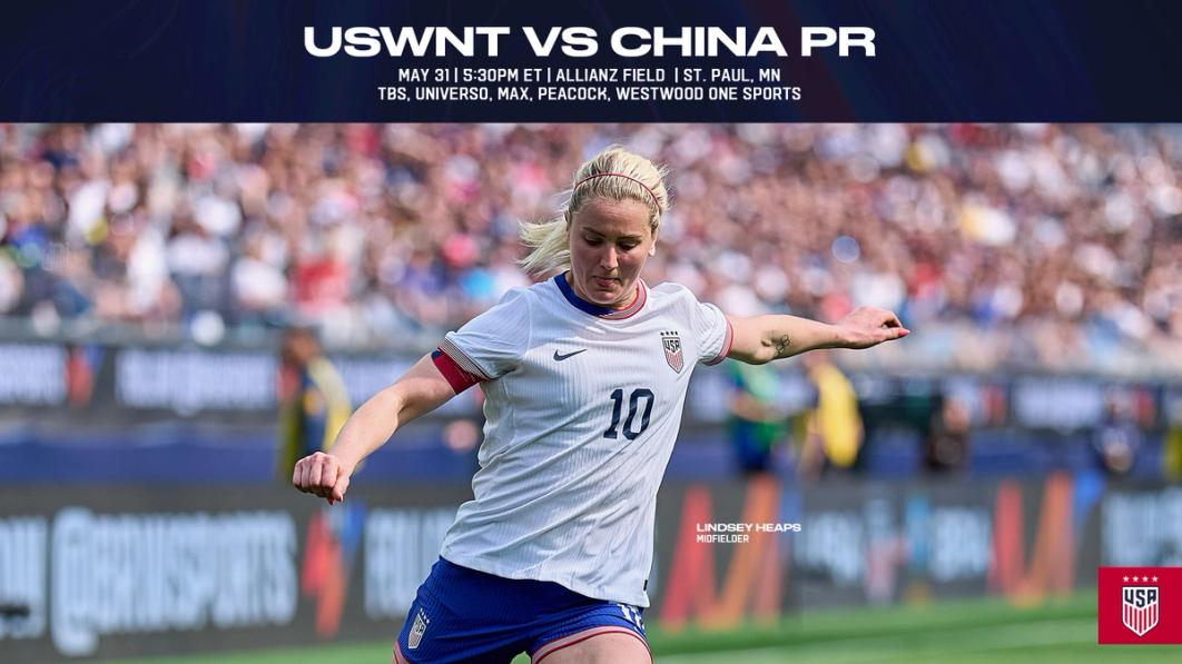 photo of Lindsey Heaps striking ball in white kit text USWNT vs. China PR