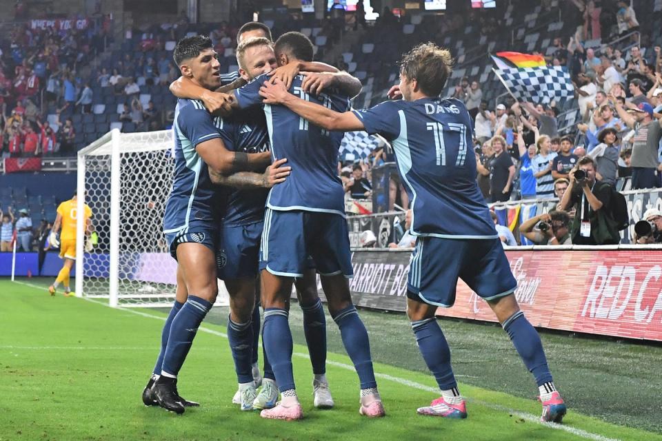 SKC celebrate Johnny Russell’s opener in the 2024 Semifinal against Div. II Indy Eleven