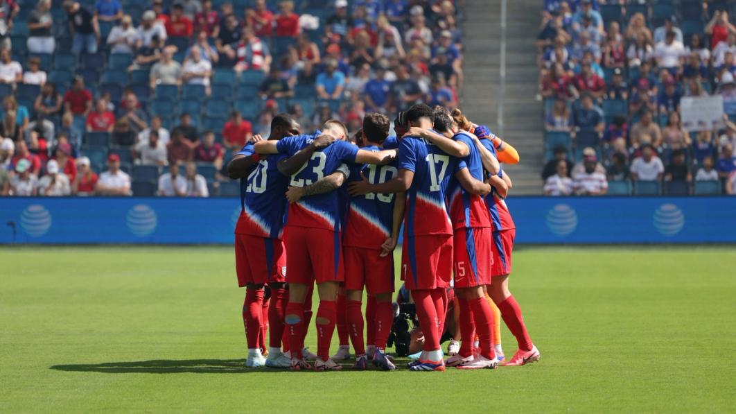 U.S. Men's Soccer national team huddles together on the field at Children's Mercy Park in Kansas City, KS, Sept 7, 2024.