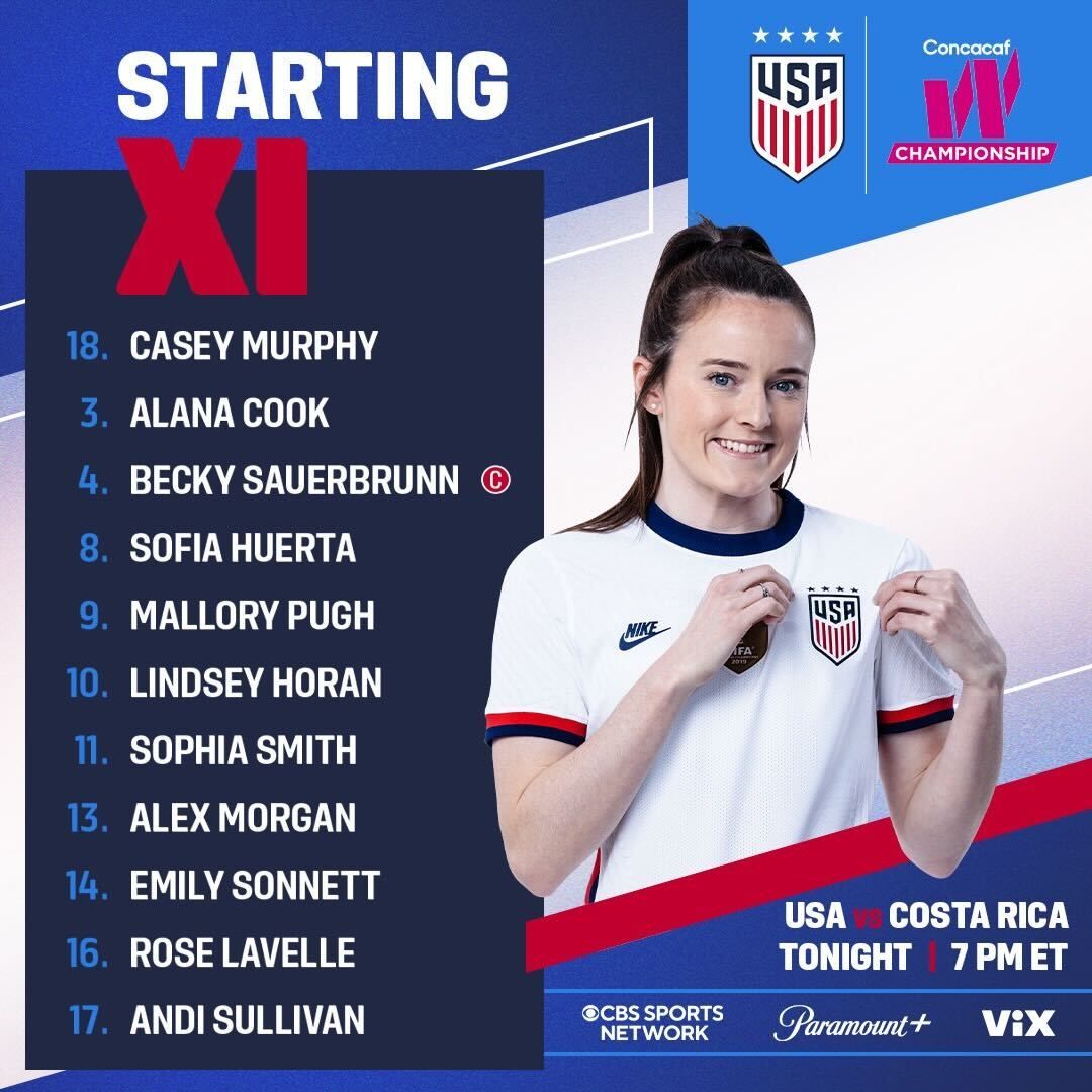 Concacaf W Championship USWNT vs Costa Rica Starting XI Lineup Notes TV Channels Start Time
