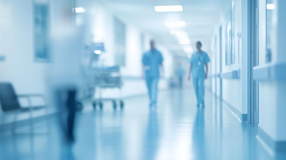 Blurred view of a hospital hallway with medical staff walking, illustrating emergency room delays and misdiagnosis risks during the holiday season.