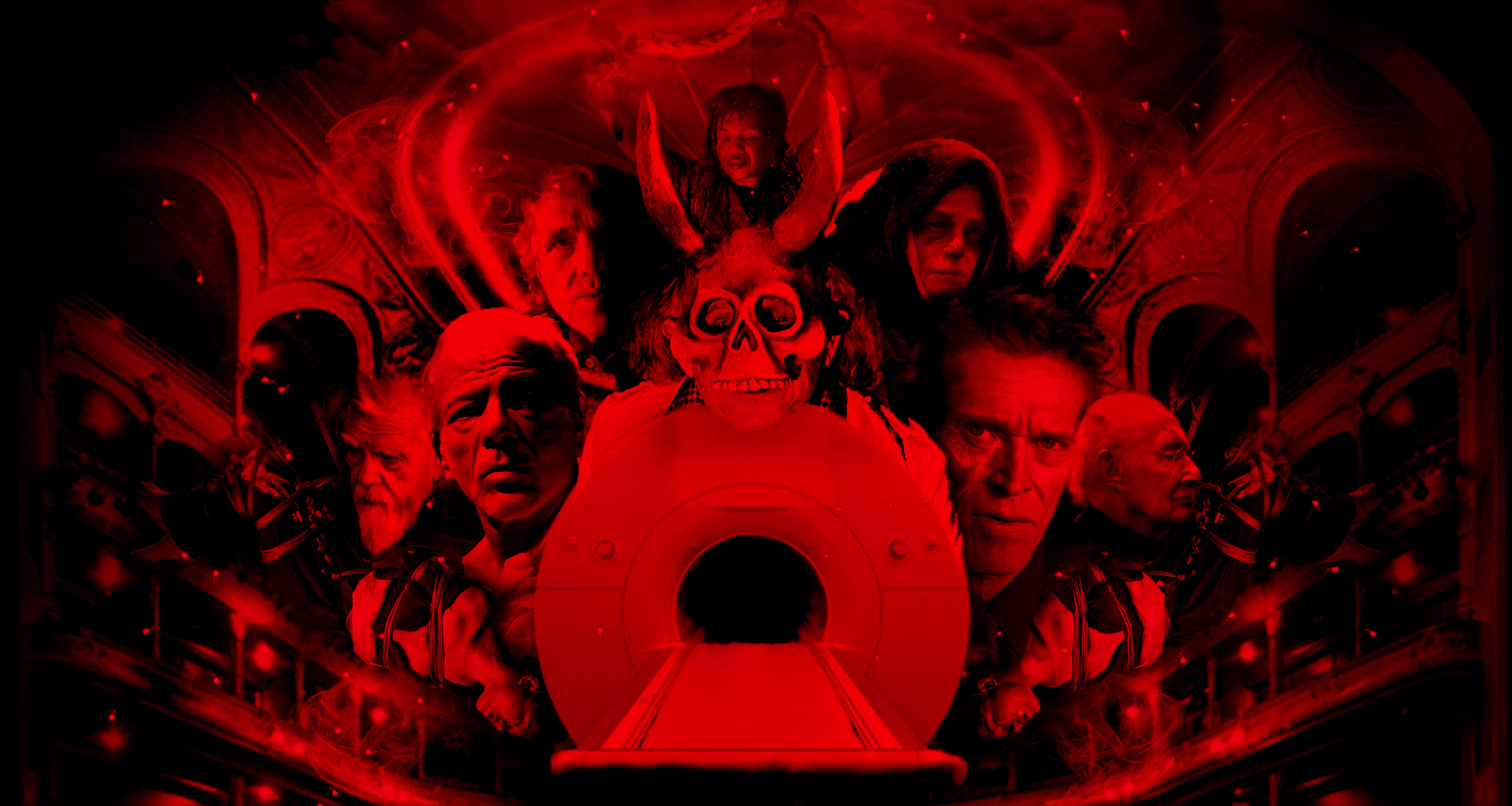 Gemini said A collage of faces and figures, drenched in a deep red glow, surrounds a central medical MRI scanner within an ornate, theater-like setting. The composition features a skull-masked figure and several somber-looking men, creating a surreal and haunting atmosphere.