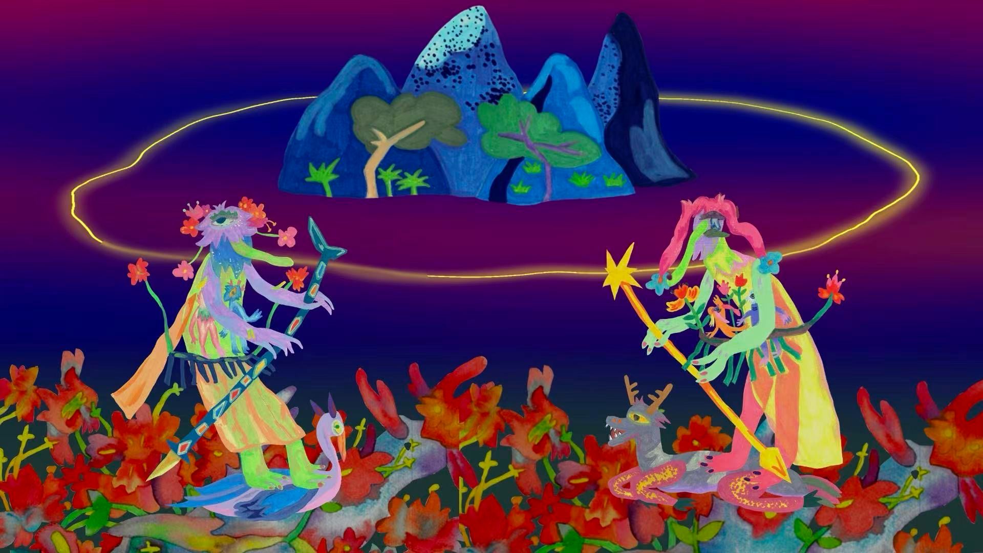 A vibrant, surreal digital painting featuring two colorful, mystical figures with trunk-like faces standing among red flowers beneath a floating mountain island. A glowing yellow ring encircles the central island against a deep purple and blue gradient sky.