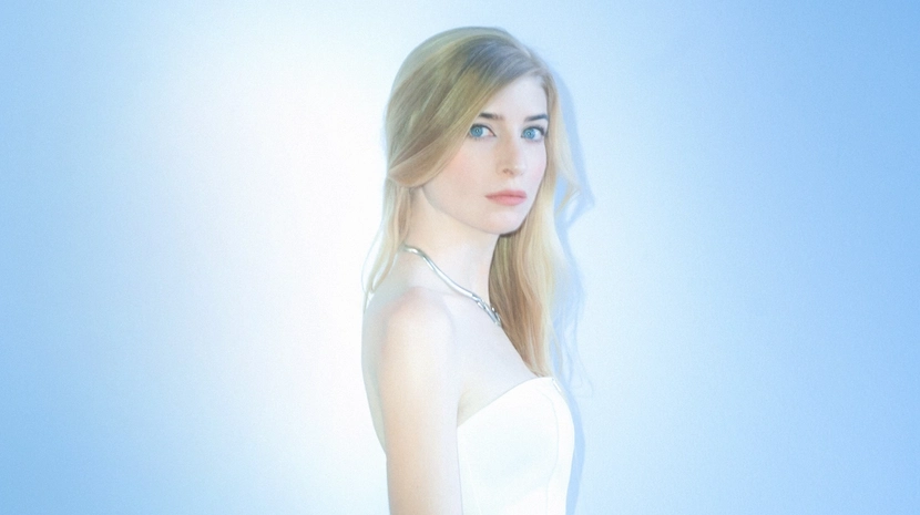 A woman with long blonde hair and blue eyes poses in a white strapless top against a soft, glowing blue background. The lighting is ethereal and bright, creating a halo effect around her silhouette.
