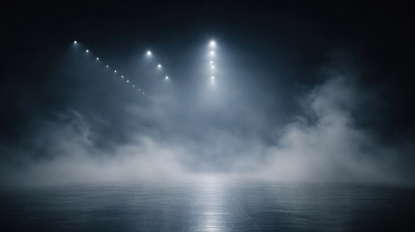 A series of overhead spotlights pierce through a thick, swirling fog in a dark, cavernous space, reflecting off a polished floor. The minimalist lighting and dense mist create a cold, atmospheric, and cinematic environment.