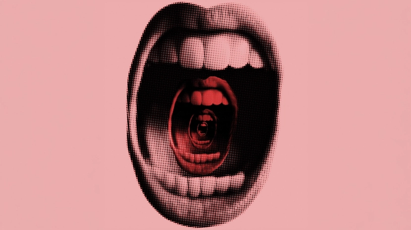 A surreal graphic on a pink background featuring a halftone-patterned open mouth. Inside the mouth is a repeating, recursive image of smaller mouths opening within one another, creating an "infinity mirror" effect of a scream.