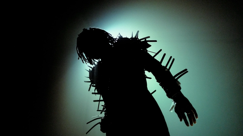 A dark silhouette of a person wearing a garment covered in long, protruding spikes stands against a hazy green backlight. The dramatic lighting hides their features while highlighting the aggressive, textured shape of their attire.