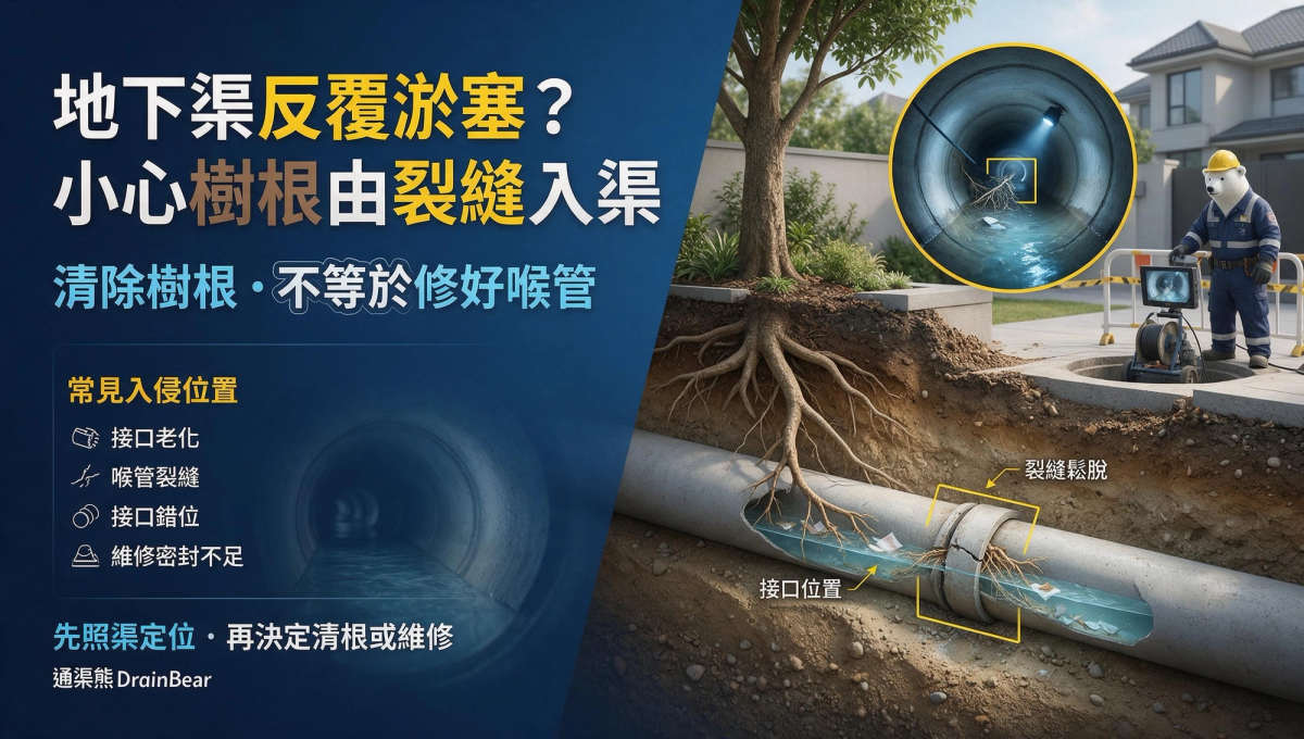 植物根部經地下排水管接口進入渠內並造成淤塞的示意圖片