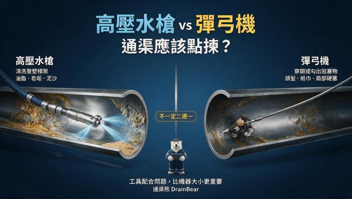 師傅在室內安裝及檢查排水喉管,準備選擇合適通渠方法