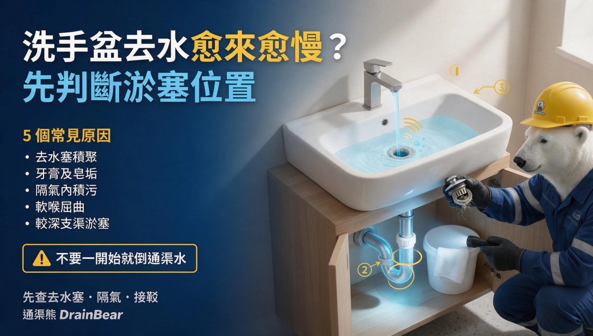 浴室洗手盆去水緩慢及隔氣內積聚皂垢和頭髮的示意圖片