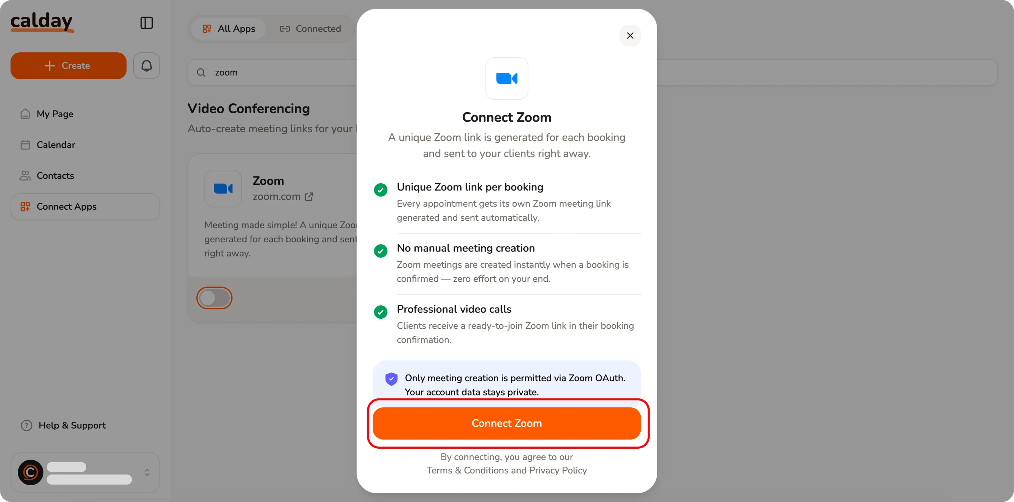 Click on "connect zoom" and complete Zoom Auth