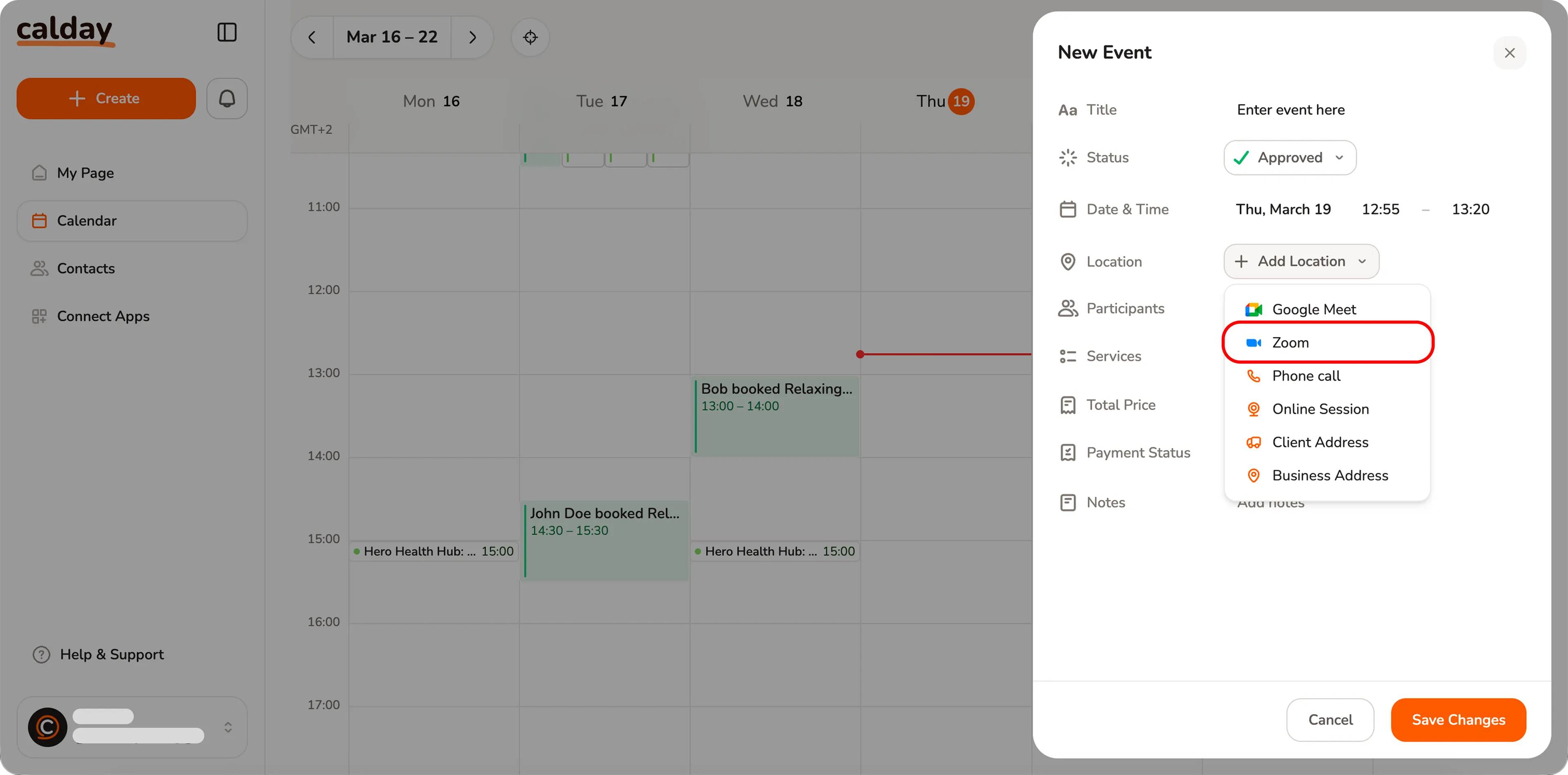 Pick zoom as location in event creation form