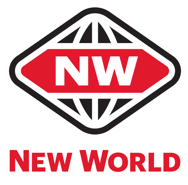 a red and black logo for New World