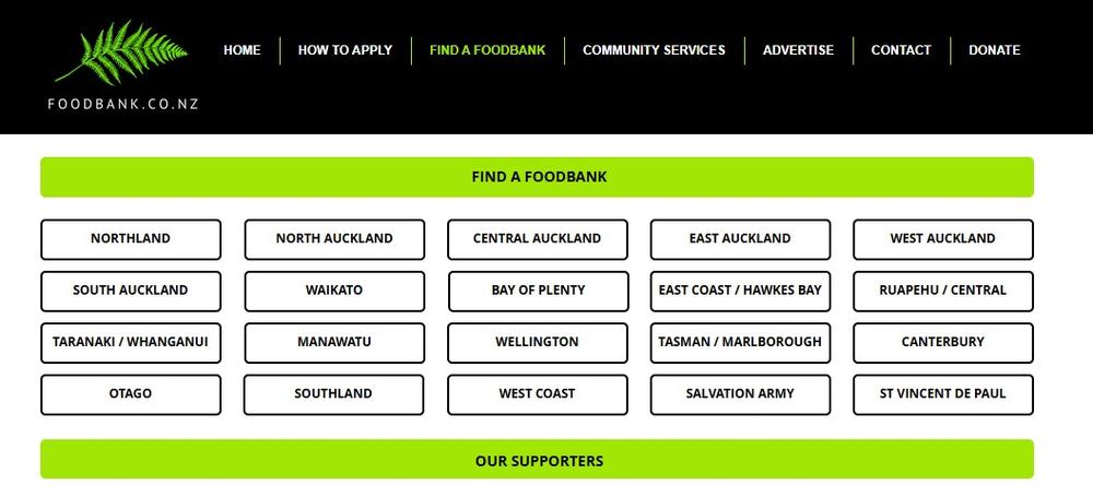 a website screenshot that has different cities for different foodbanks .