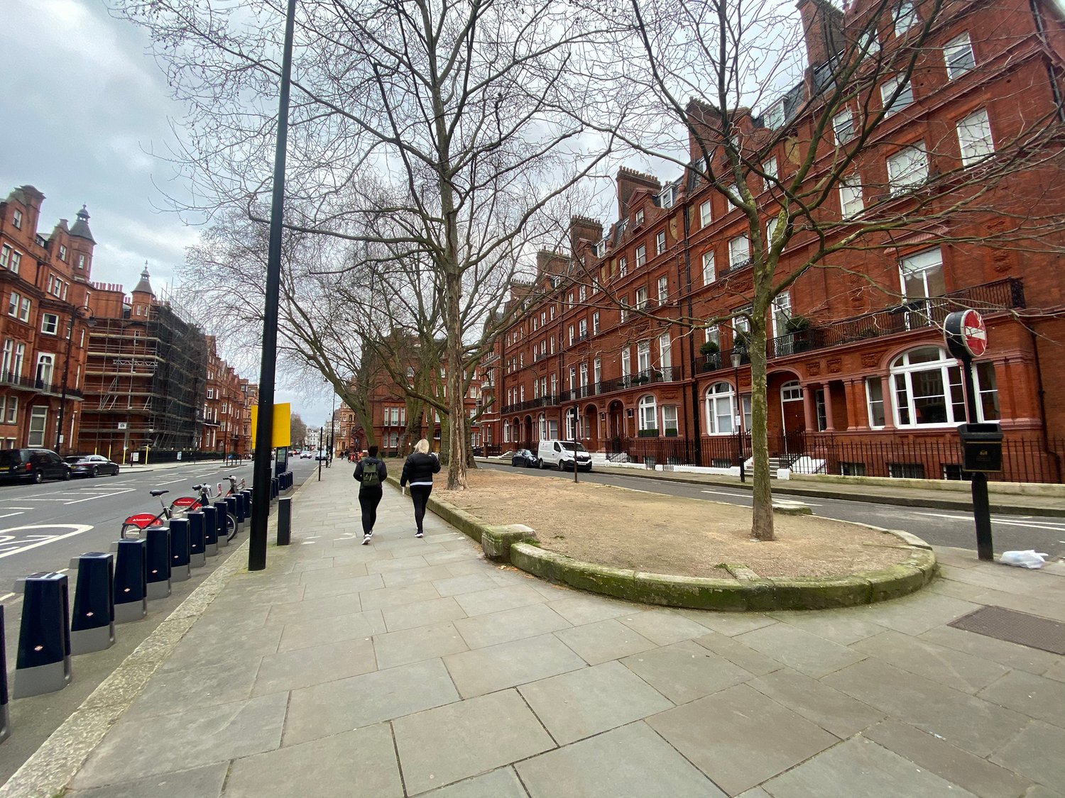 sidewalks and a center median