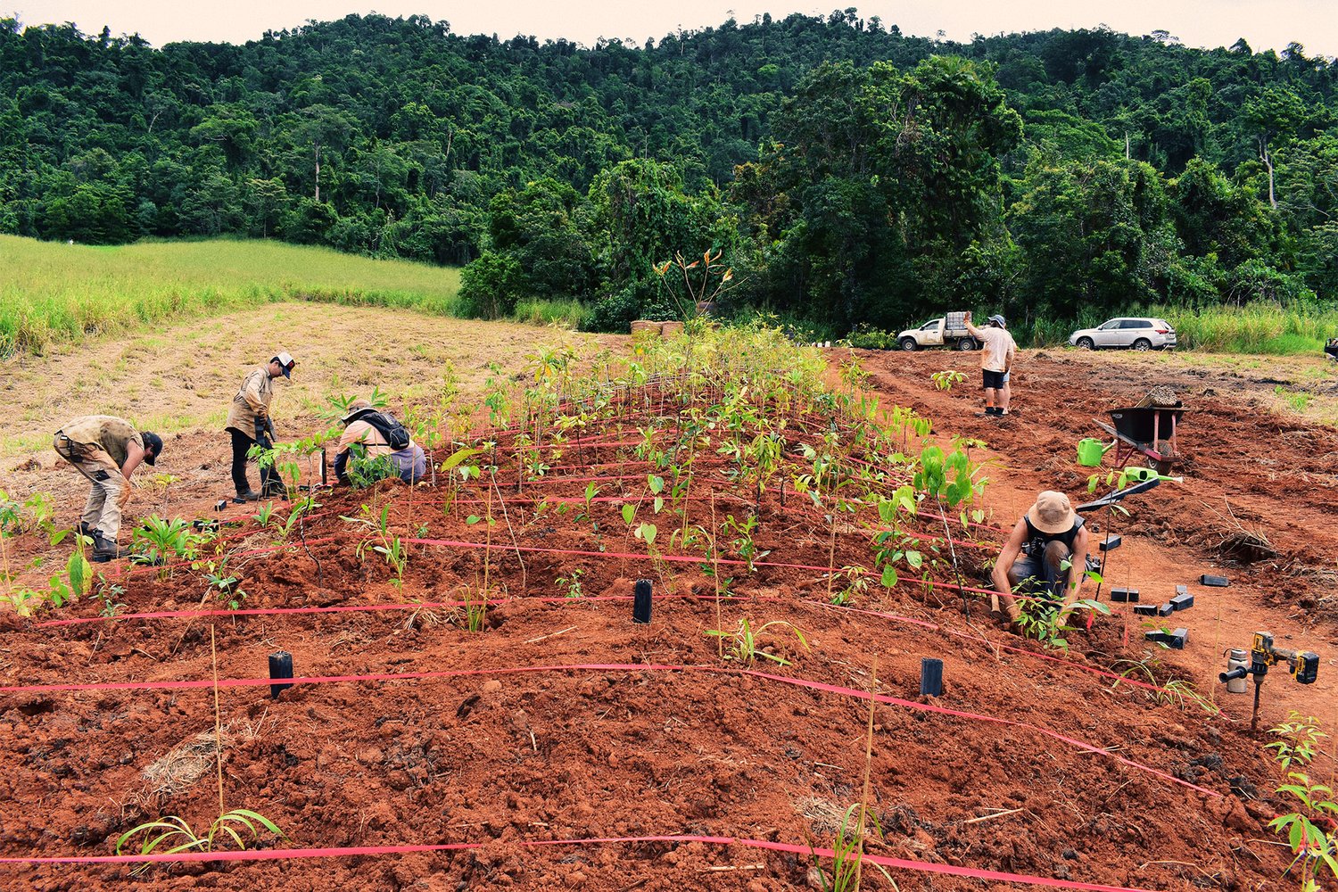 a dirt field and green mountains