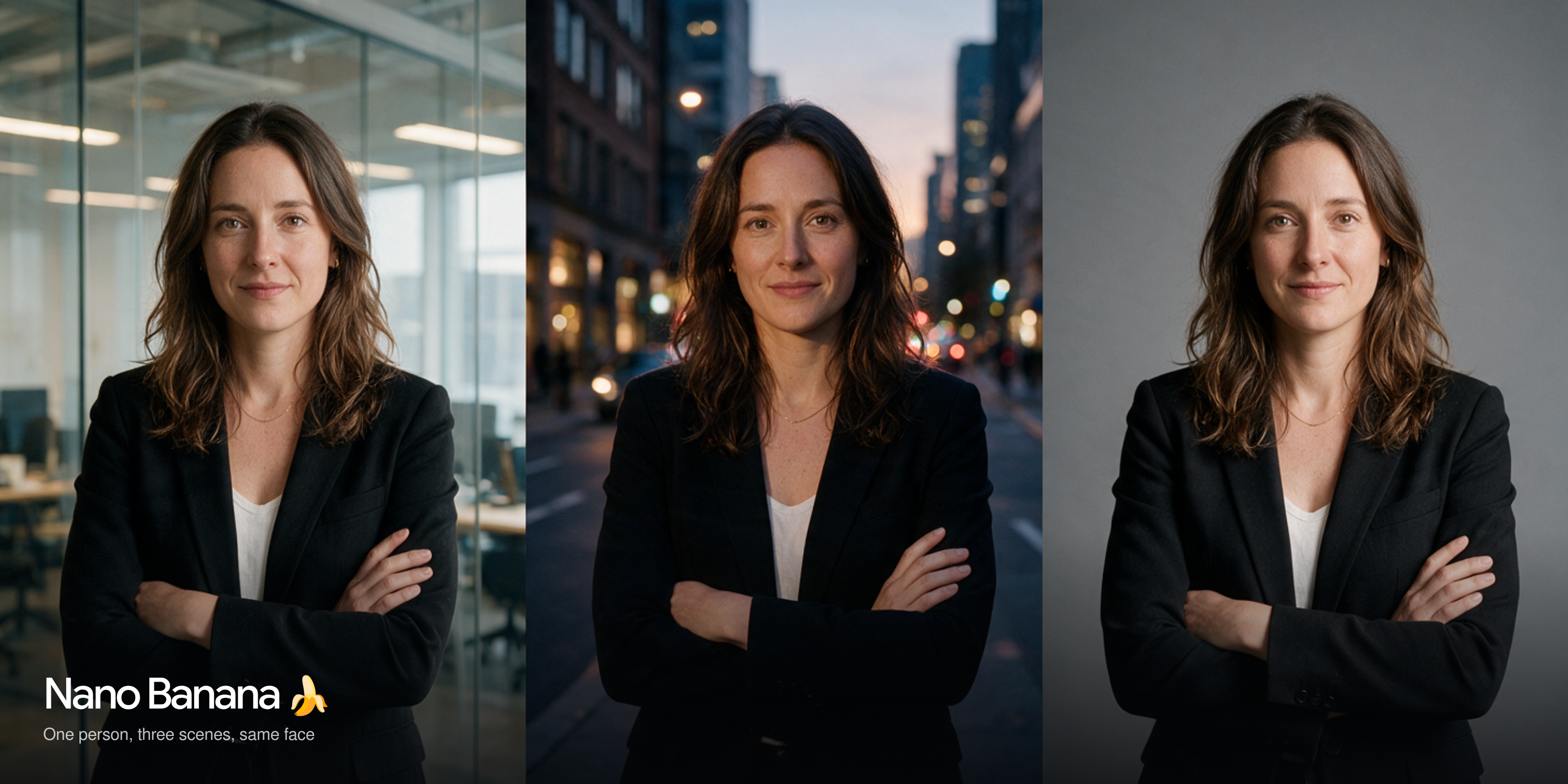 The same AI-generated founder shown in three settings, an office, a city street at dusk and a studio, with the Nano Banana logo