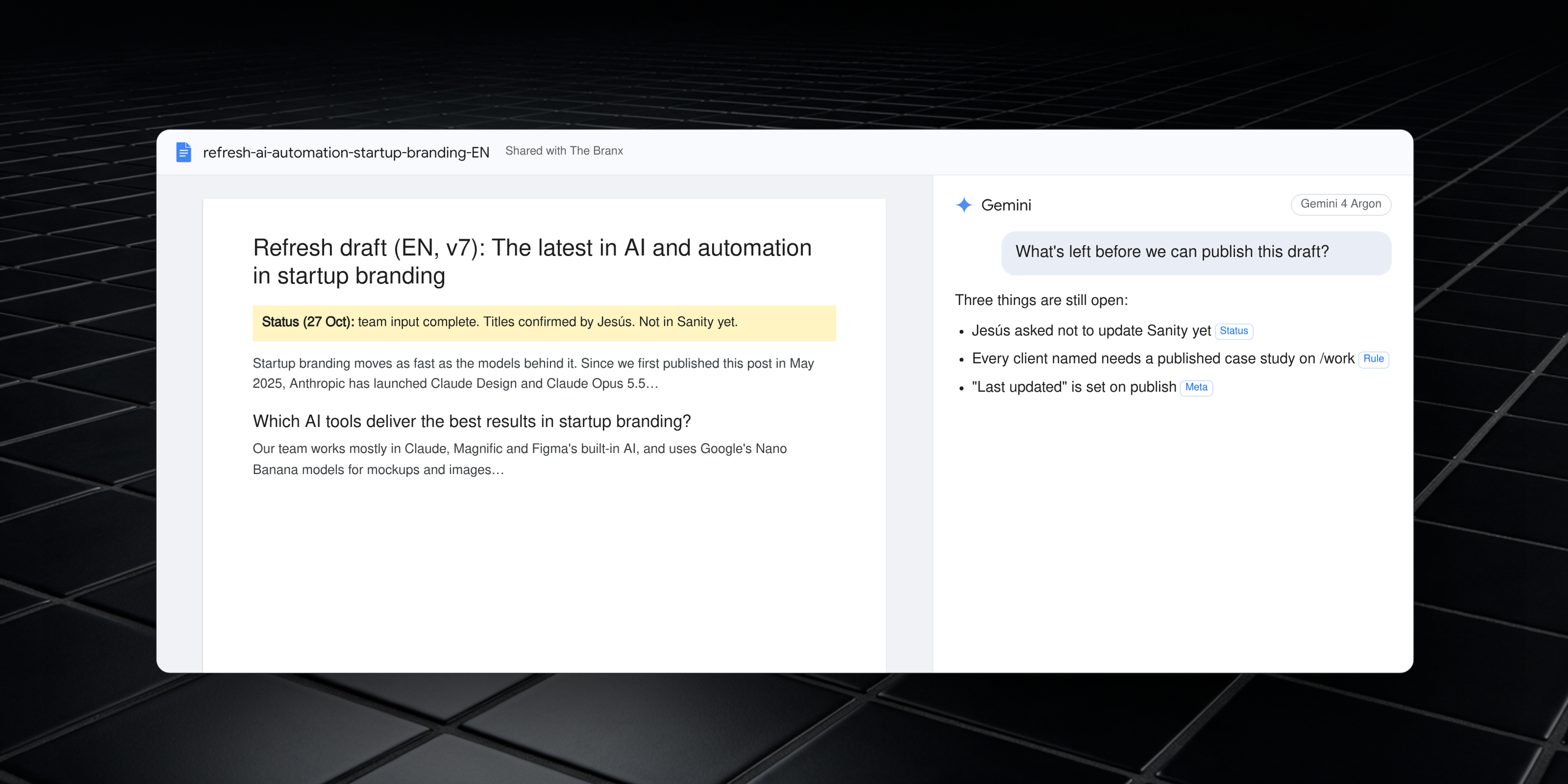 A Google Doc with the draft of this post and the Gemini side panel listing what is left before publishing