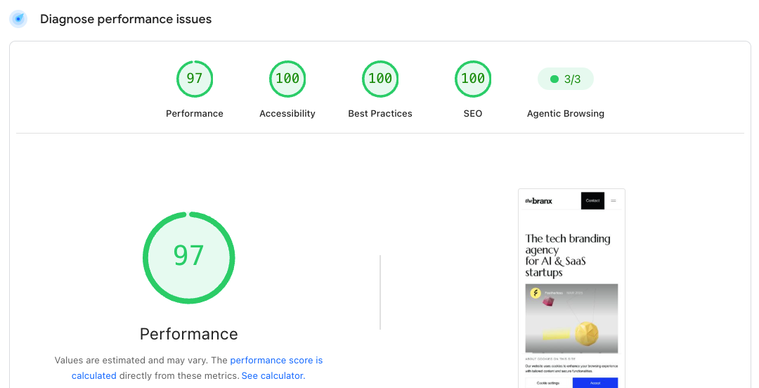 Puntuaciones de Google PageSpeed Insights para thebranx.com en móvil: 97 en rendimiento, 100 en accesibilidad, 100 en buenas prácticas, 100 en SEO y 3/3 en navegación agéntica