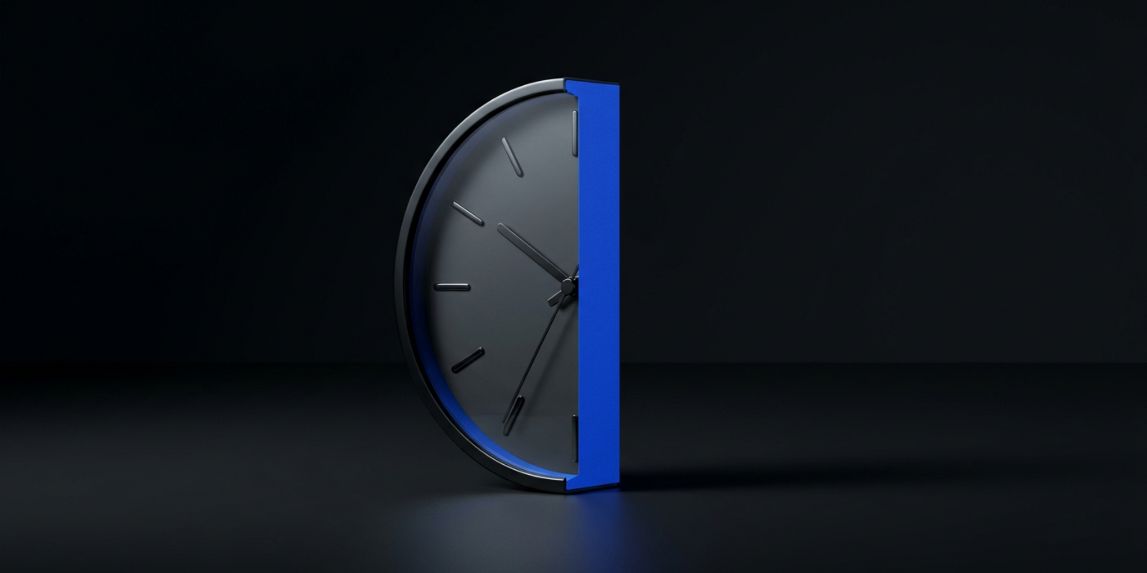 Half of a dark analog clock cut down the middle, with an electric blue cut face, on a black surface