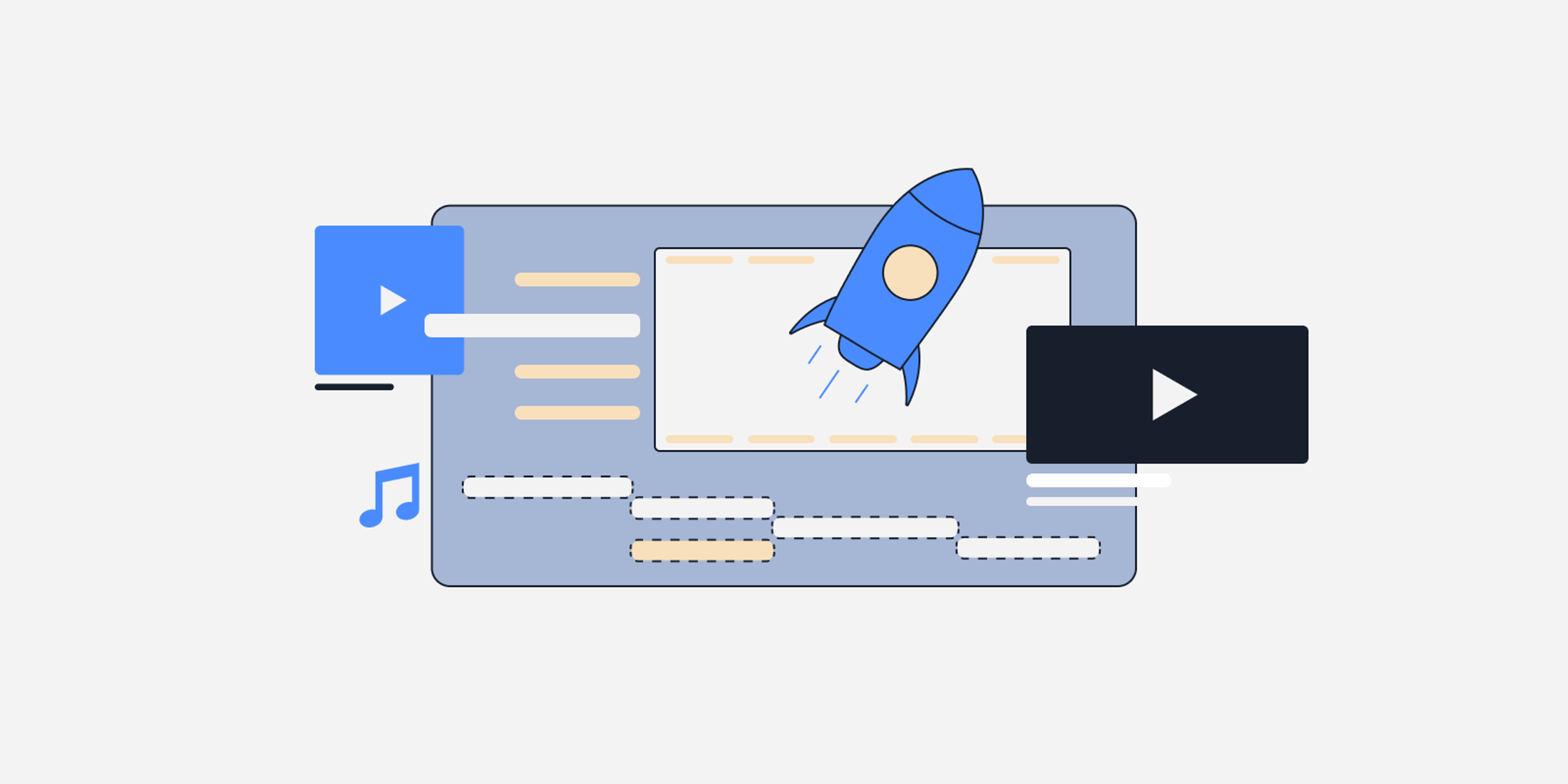 Visual showing a simplified illustration of a web page with a rocket taking off and play buttons.