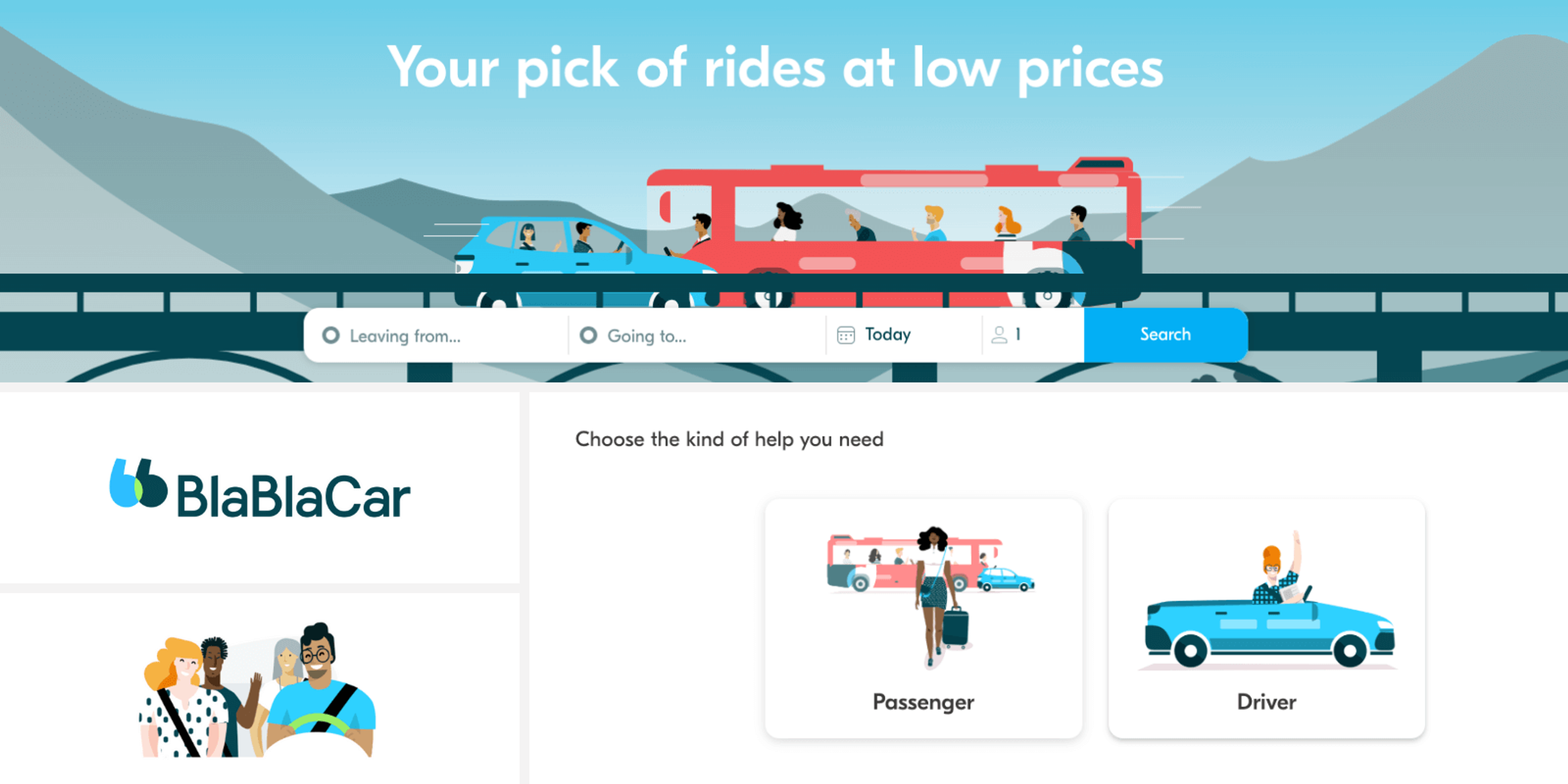 Visual with elements of the website of Blablacar: illustrations of people going by car and on bus.