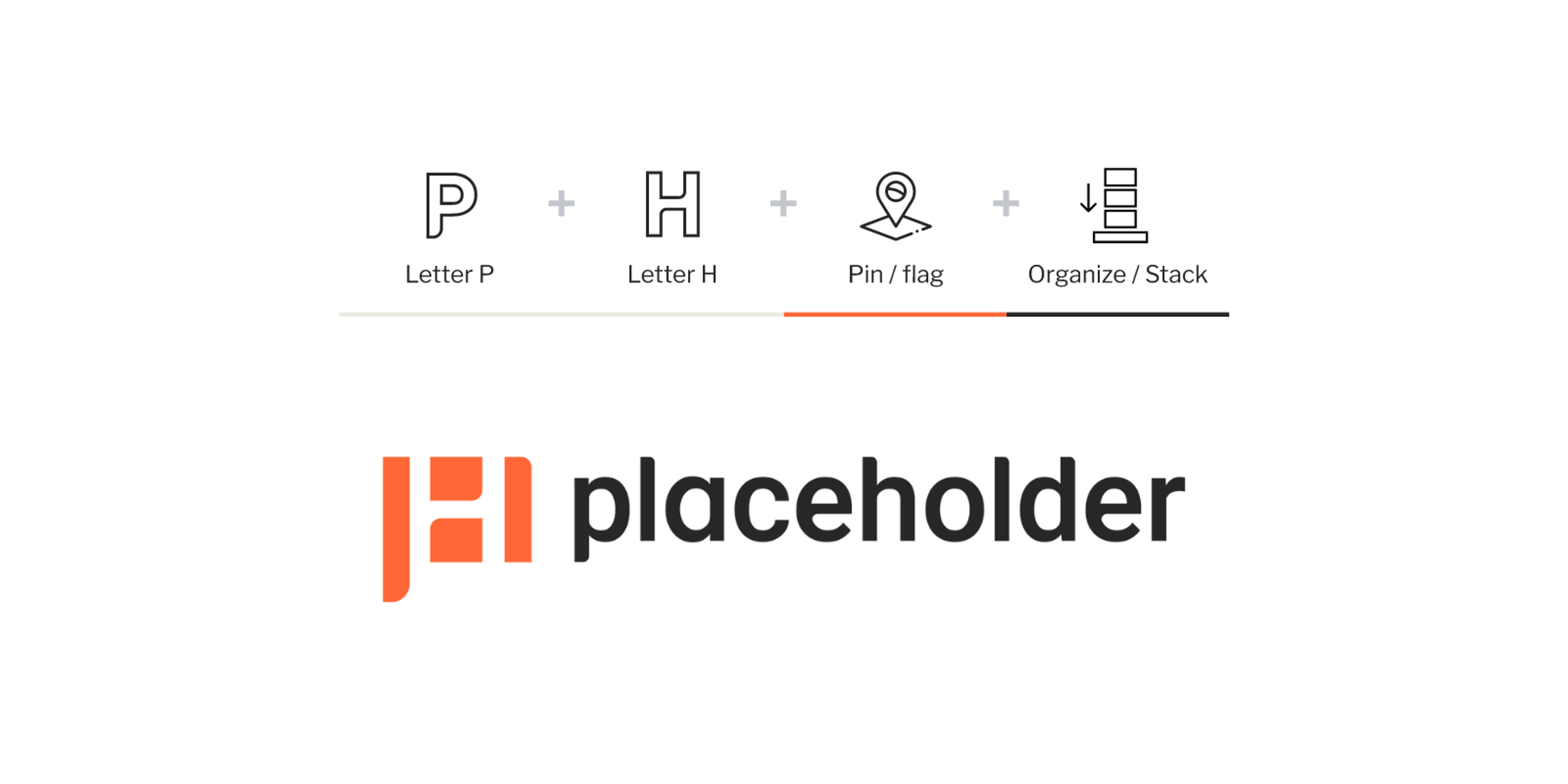 Visual showing how the logo of placeholder is constructed. It is made up out of the letters P and H, a pin and a simplified icon of stack.