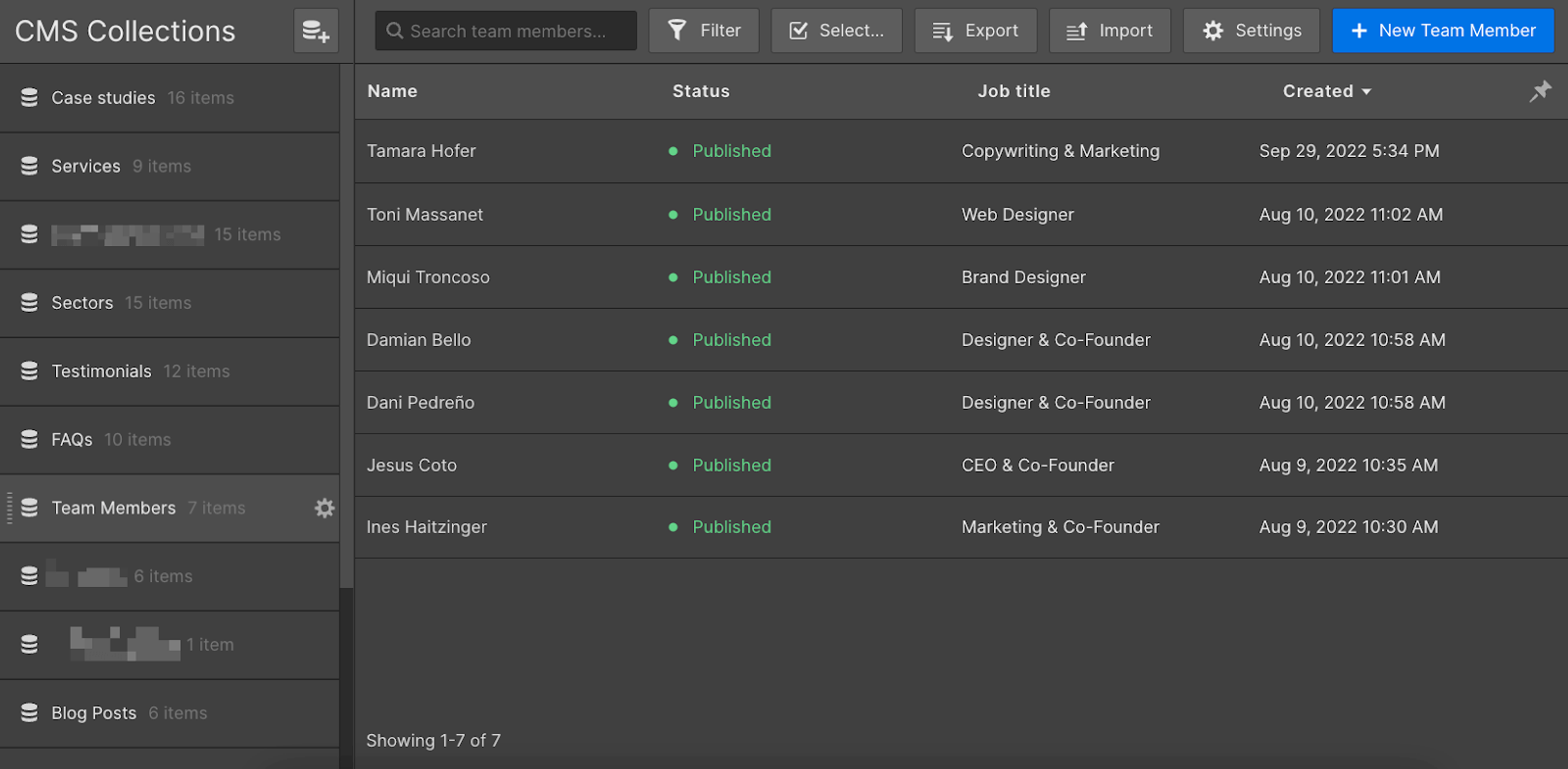 Screenshot of thebranx.com CMS collections. The collections include Case Studies, Services, Sectors, Testimonials, Team Members, FAQs, and Blog Posts.