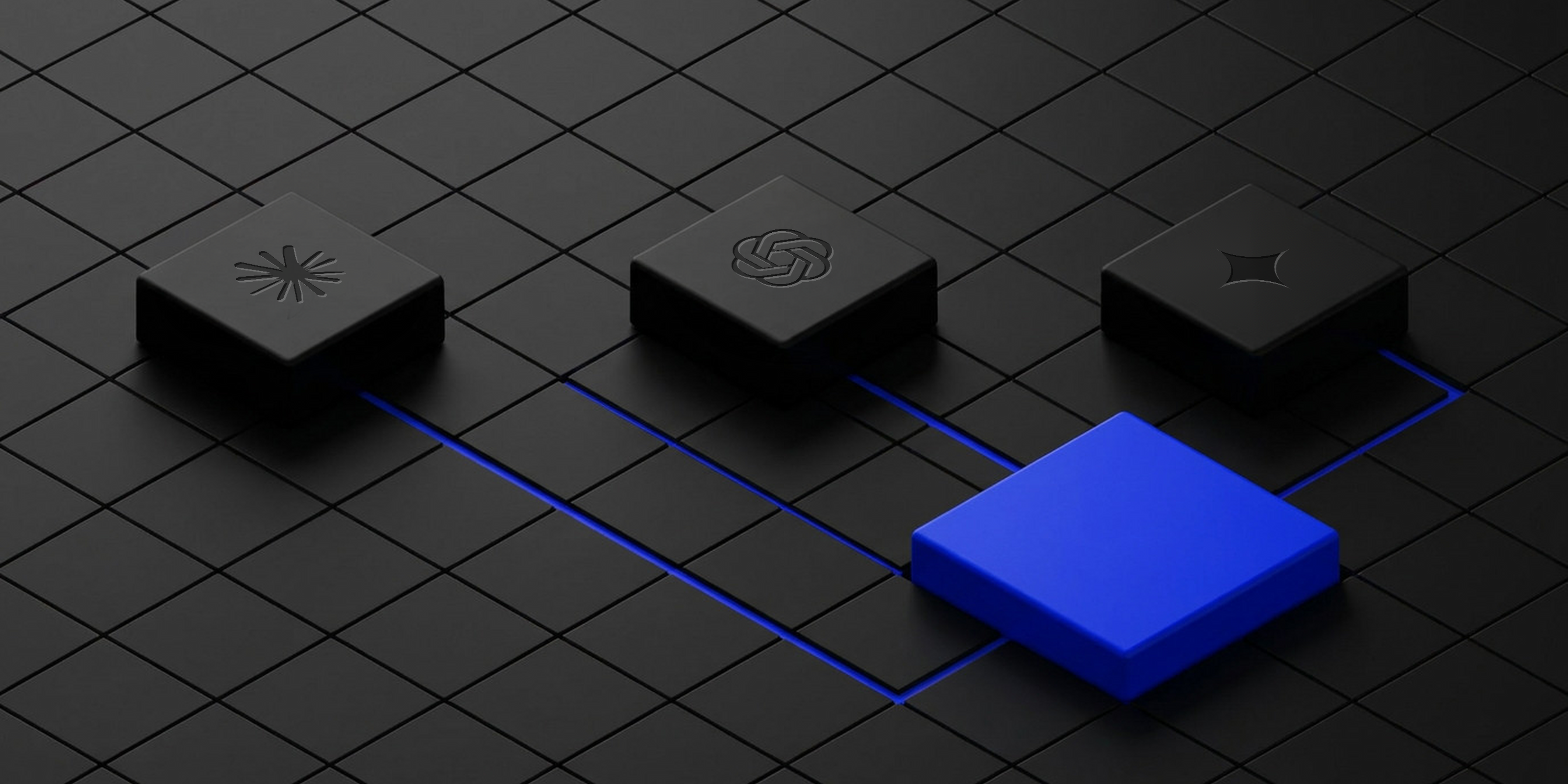 Three black tiles engraved with the Claude, ChatGPT and Gemini logos, all connected by blue lines to one electric blue tile