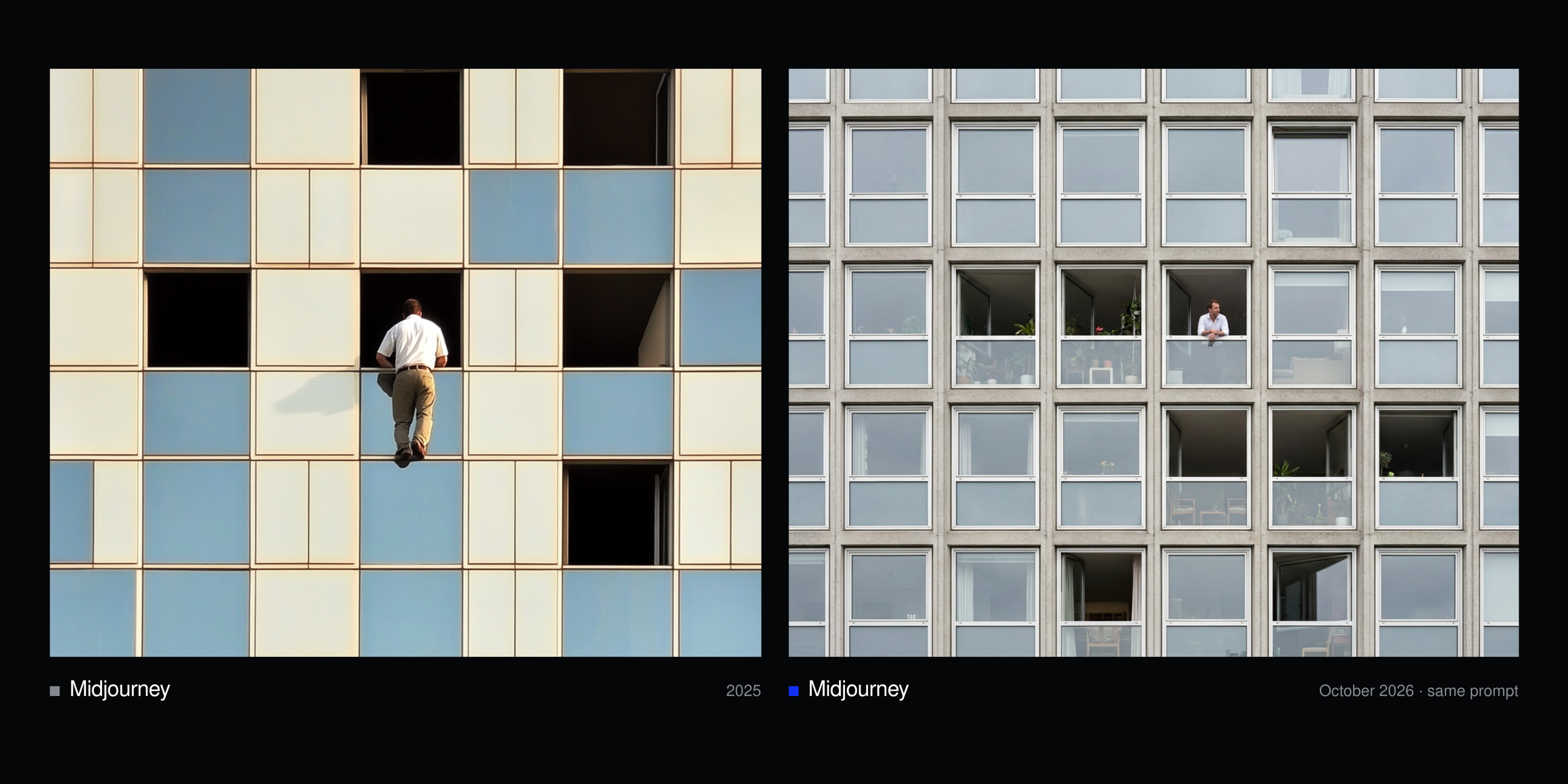 Two images generated from the same skyscraper prompt: a failed result from 2025 where one man climbs the facade, and a 2026 result that follows the prompt