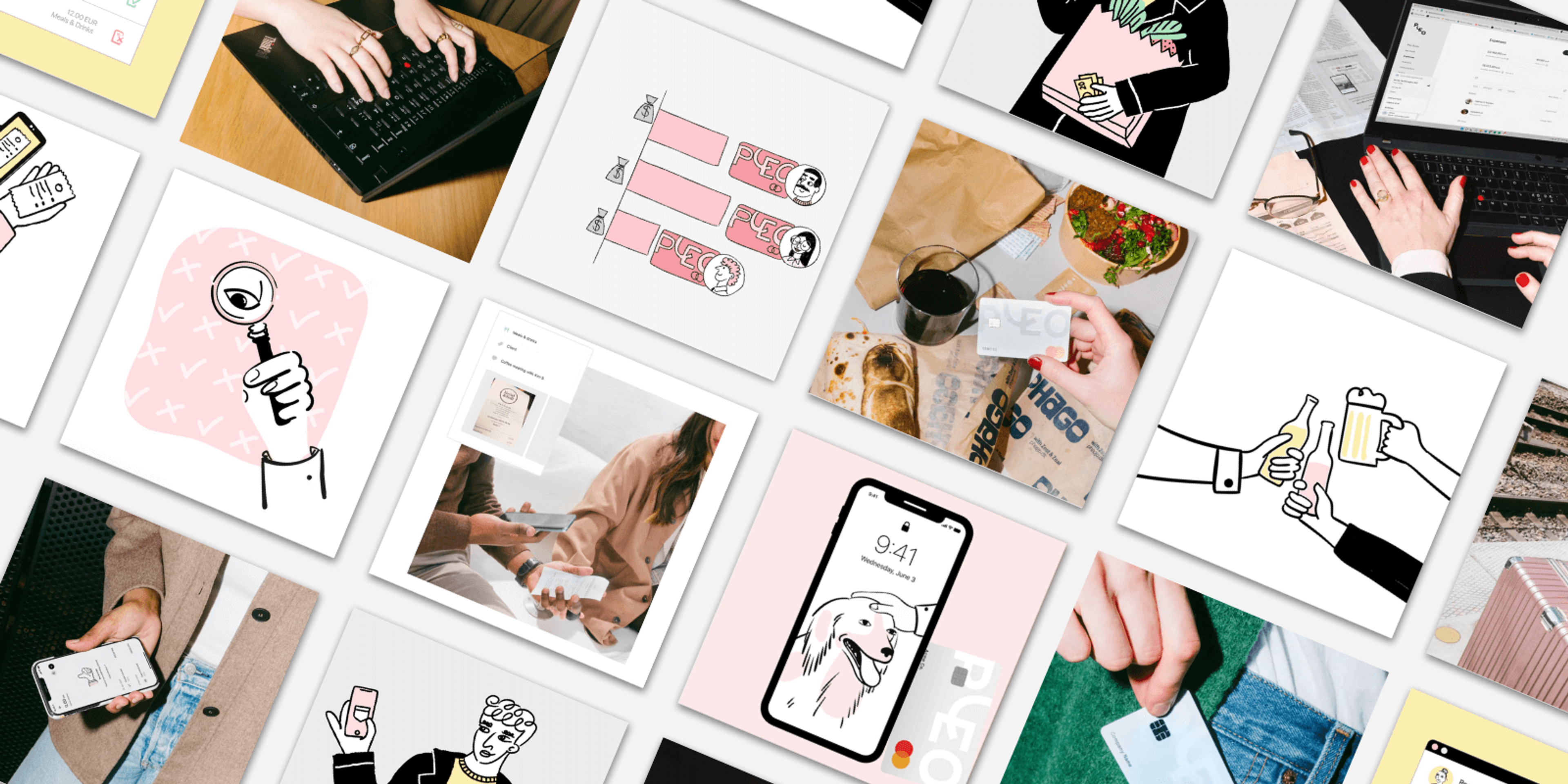 Visual mit Elementen der visuellen Identität von Pleo, einschließlich abstrakter Illustrationen in rosa Pastellfarben und Personenfotografie.