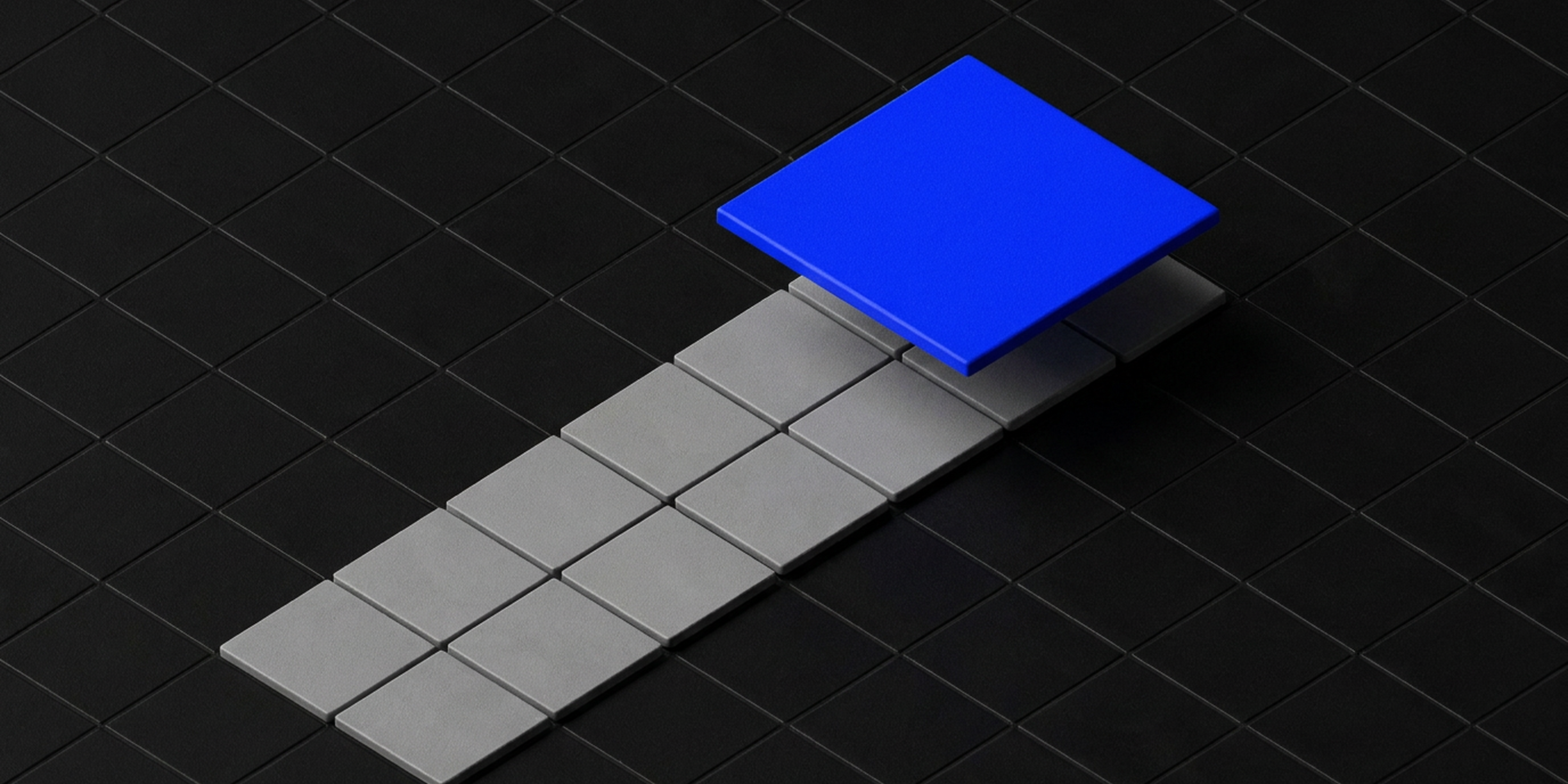 A raised electric blue tile floating above a row of flat grey tiles, like an AI answer shown above search results
