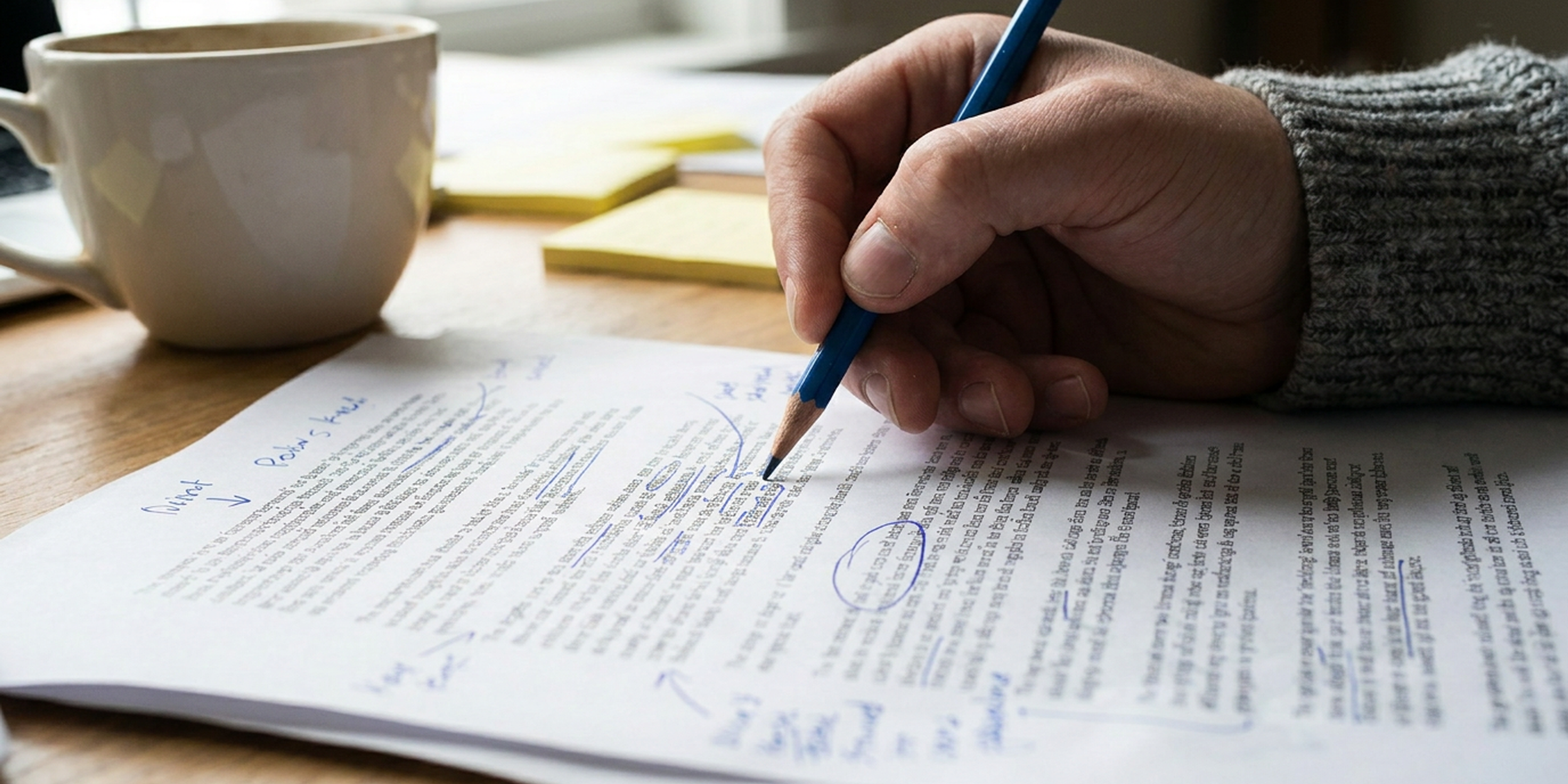 A designer's hand editing a printed draft of copy with a blue pencil, with crossed-out words and notes in the margin