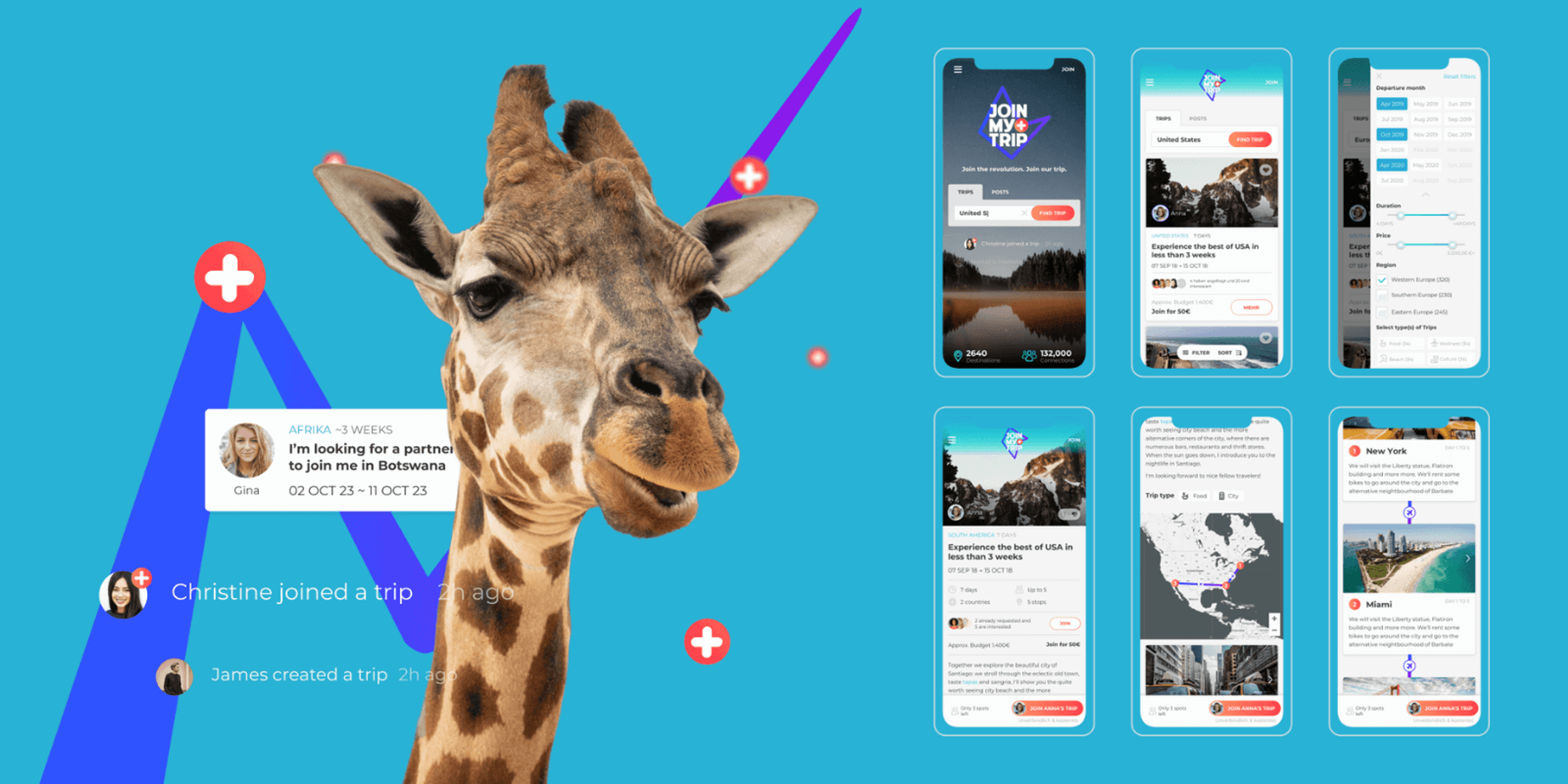 A visual with brand elements of JoinMyTrip, on the left you can see a giraffe and a screenshot of the app with a message of a girl called Gina that says: I am looking for a partner to join me in Botswana. On the right there are six product screens of the app.