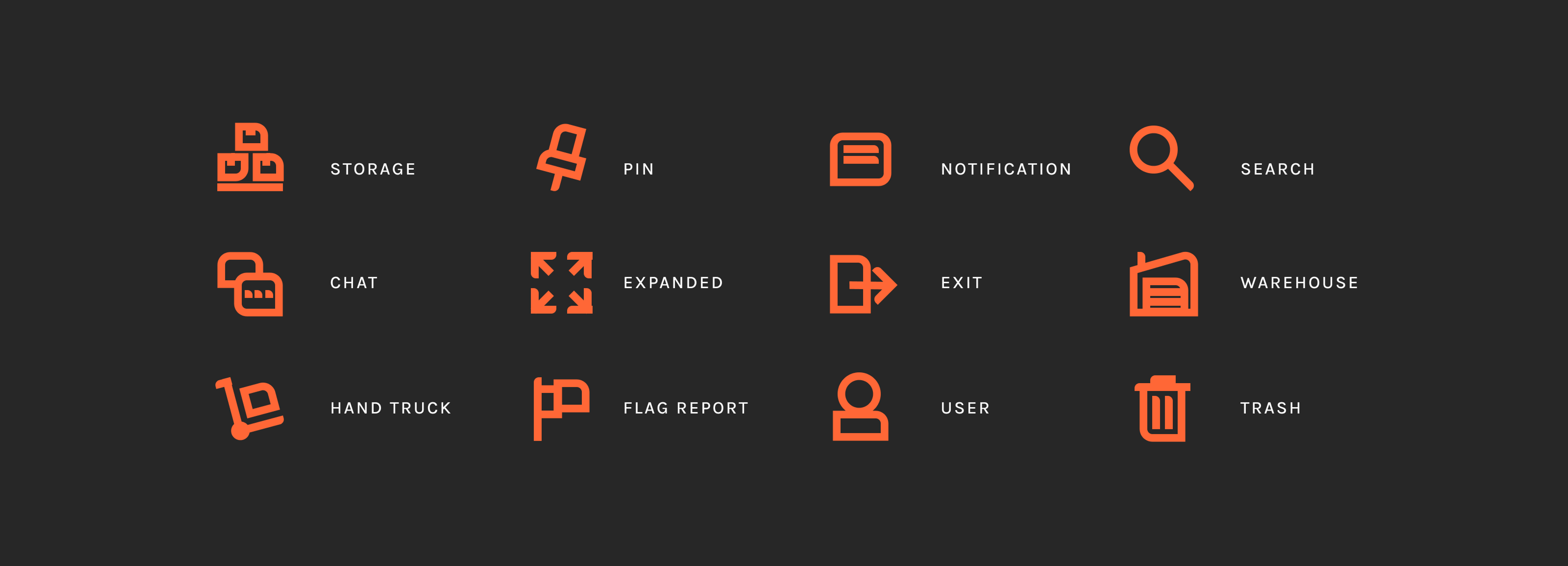 Visual with illustrated icons for Placeholder, dark background with orange icons. For example icons for storage, notification, location, search, chat, exit, warehouse, trash, user etc.