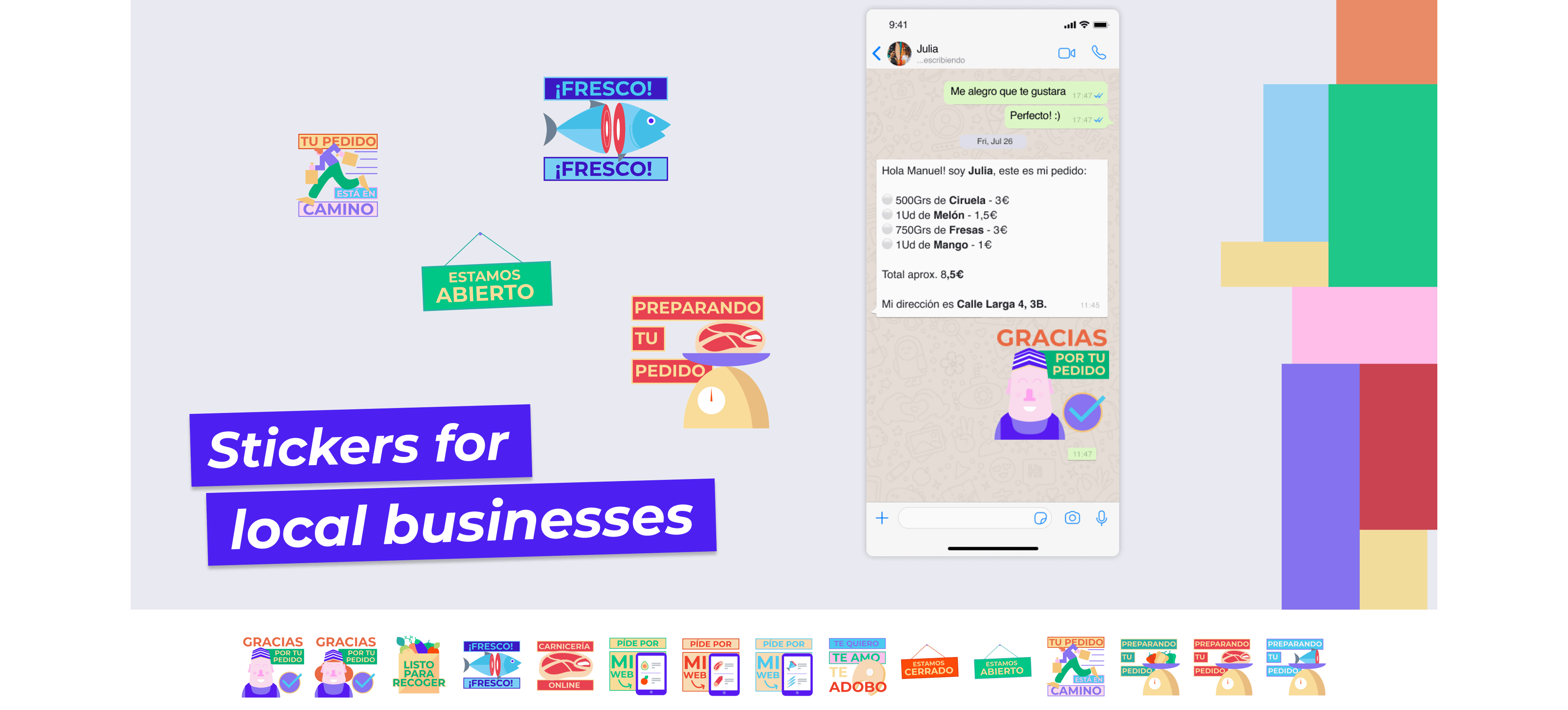 Visuals with custom-made stickers in the branding of Muylocal for local businesses for whatsapp.