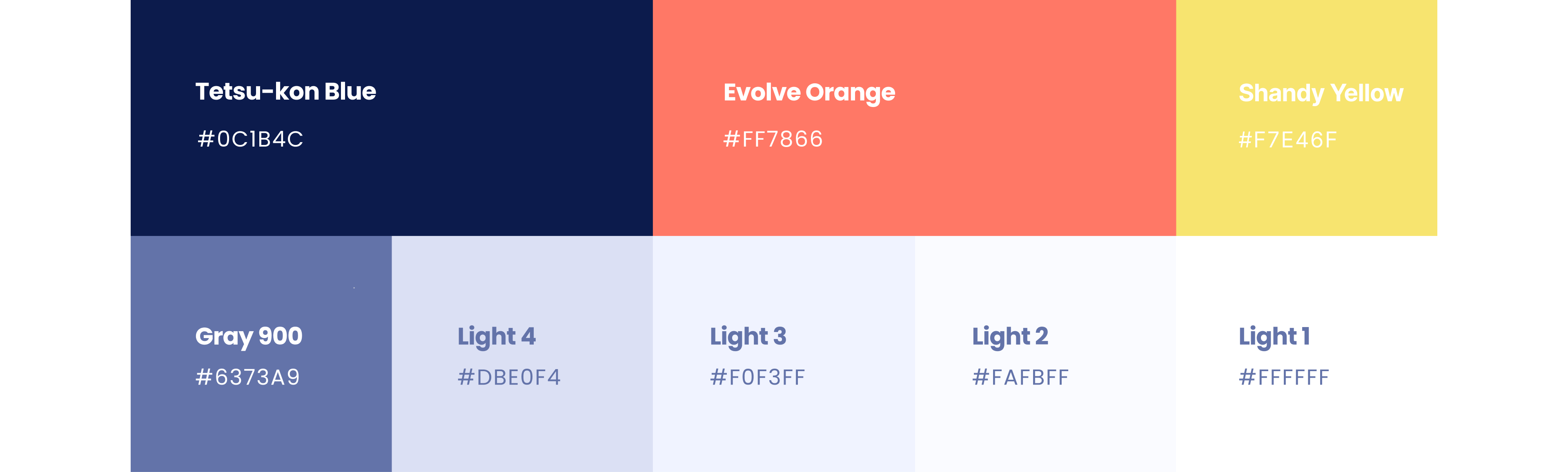 Visual with the color palette of Evolve01: tetsu-kon blue, evolve orange, shandy yellow, gray 900, light 4, light 3, light 2, light 1.
