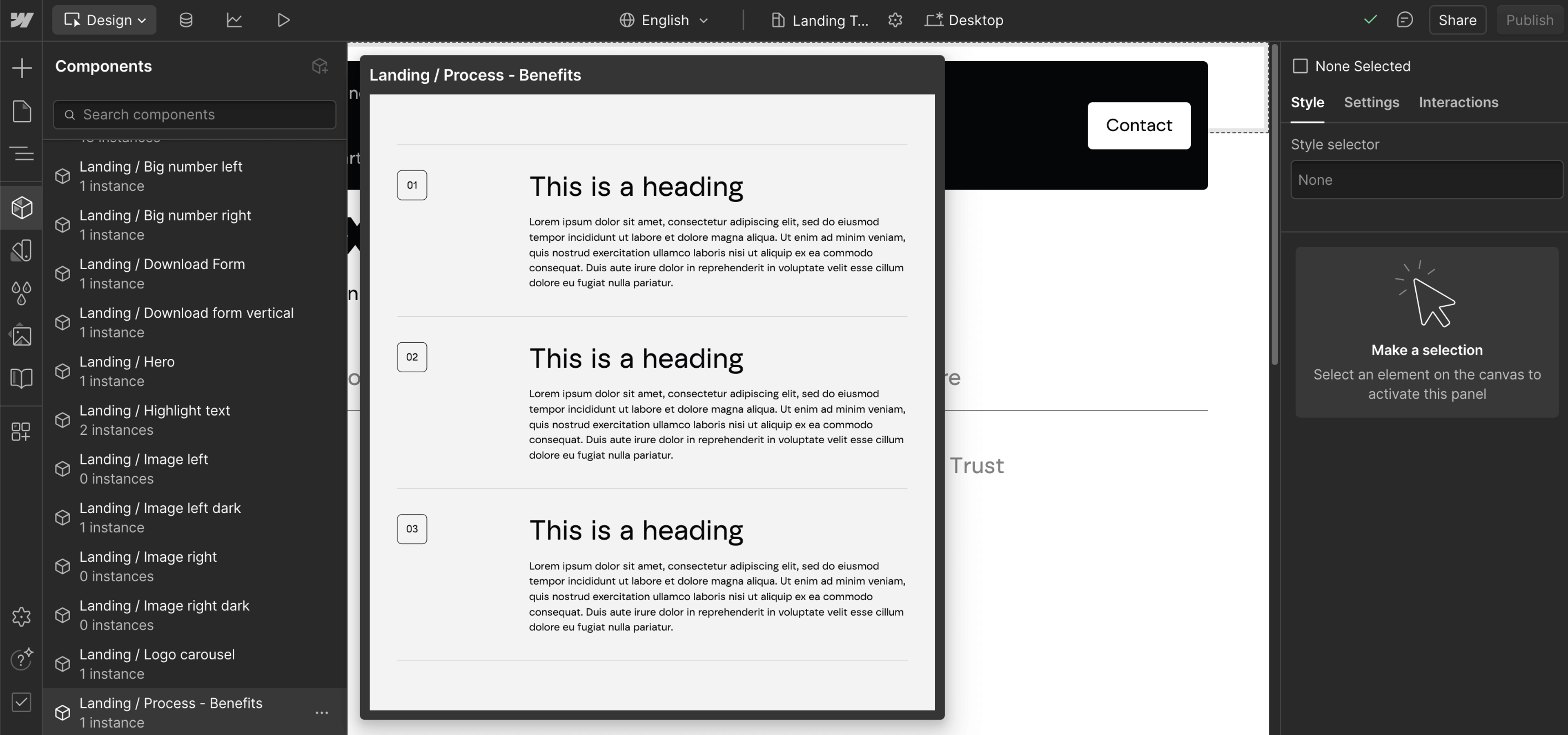 screenshot of example of landing page components in webflow