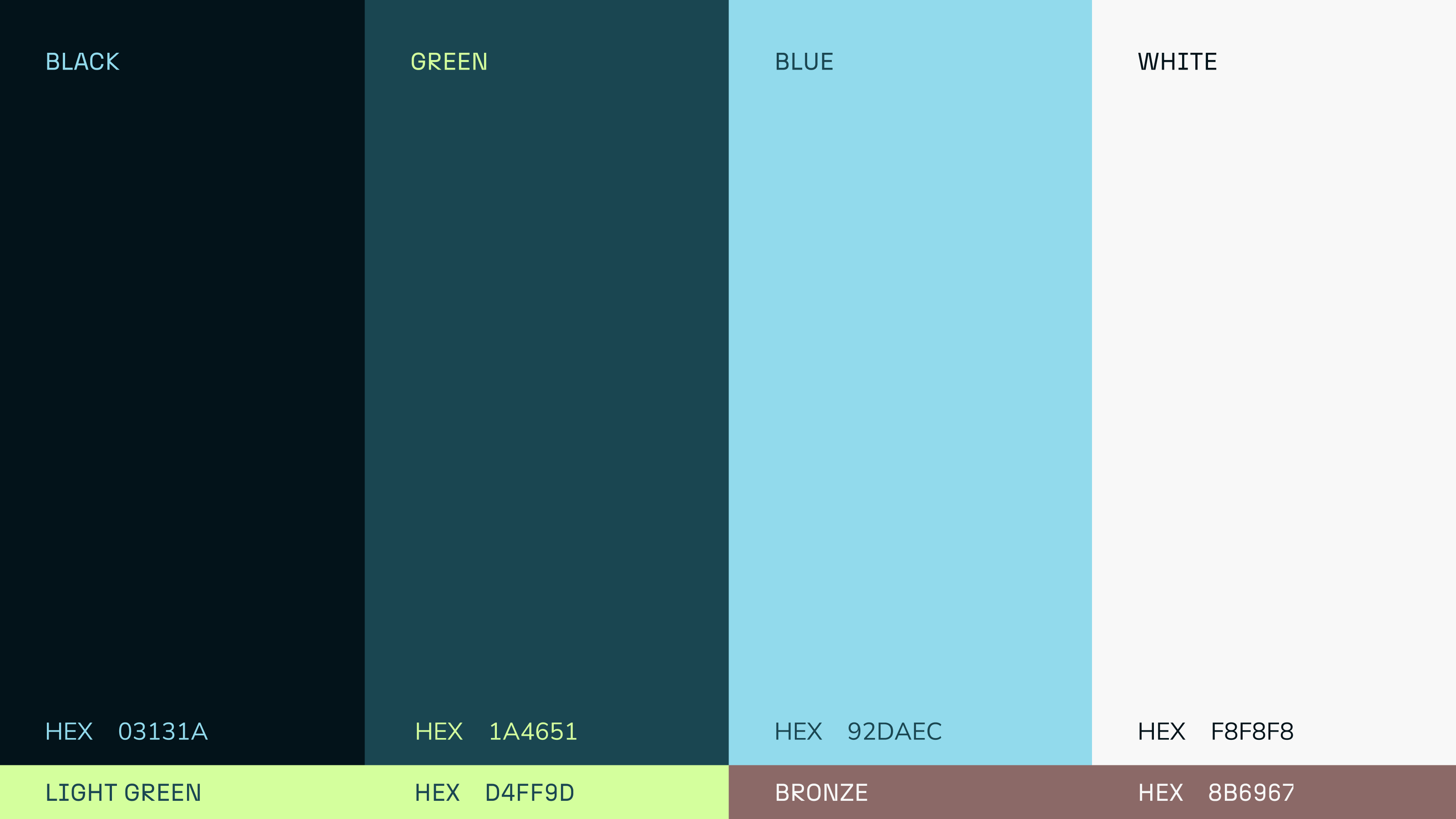 Visual showing the color palette of Paxafe. It consists of black, green, blue, white as primary colors and light green and bronze as accent tones.