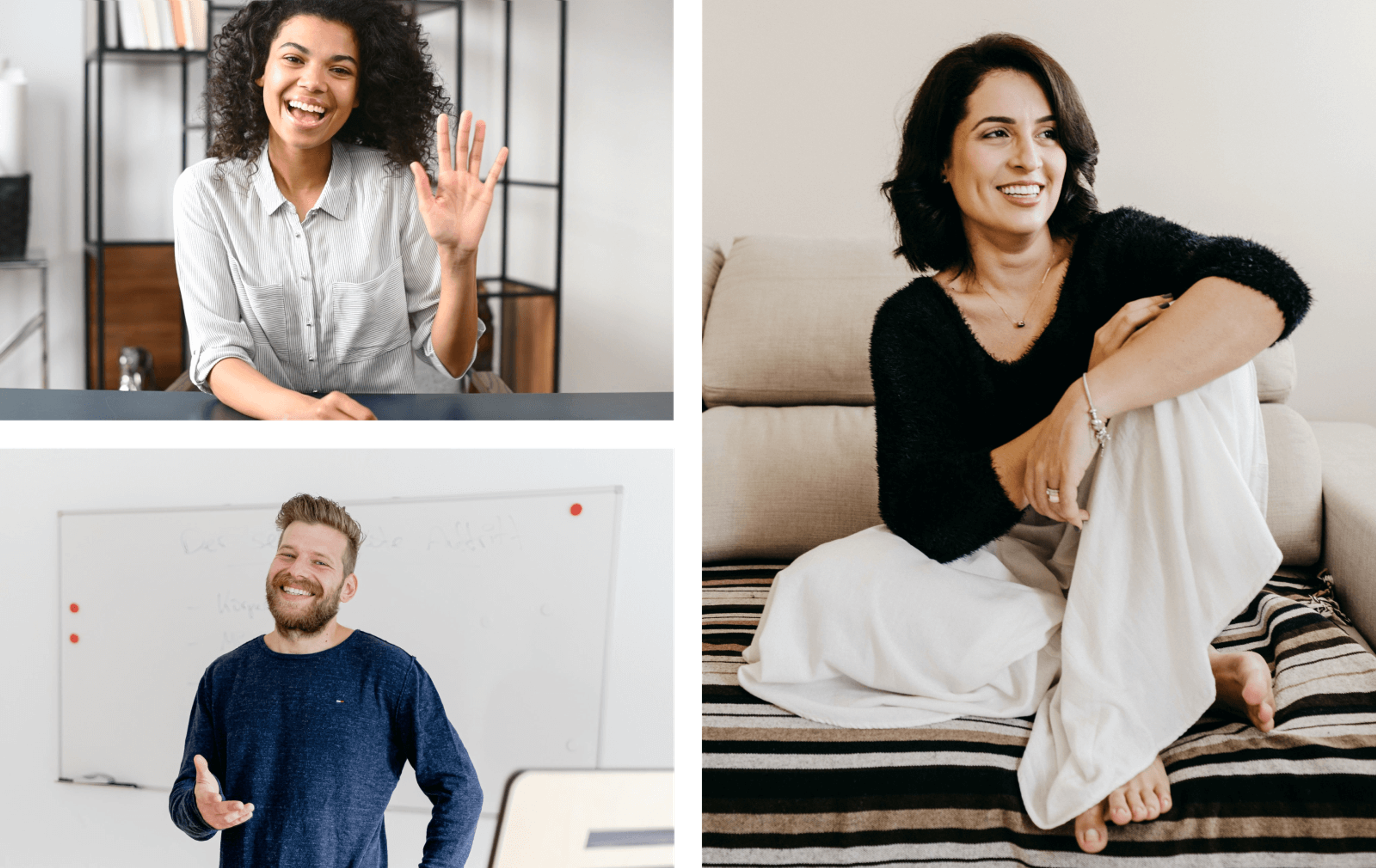 3 pictures of happy-looking people. In each picture, there is one person: a young woman, a middle-aged woman and a young man.