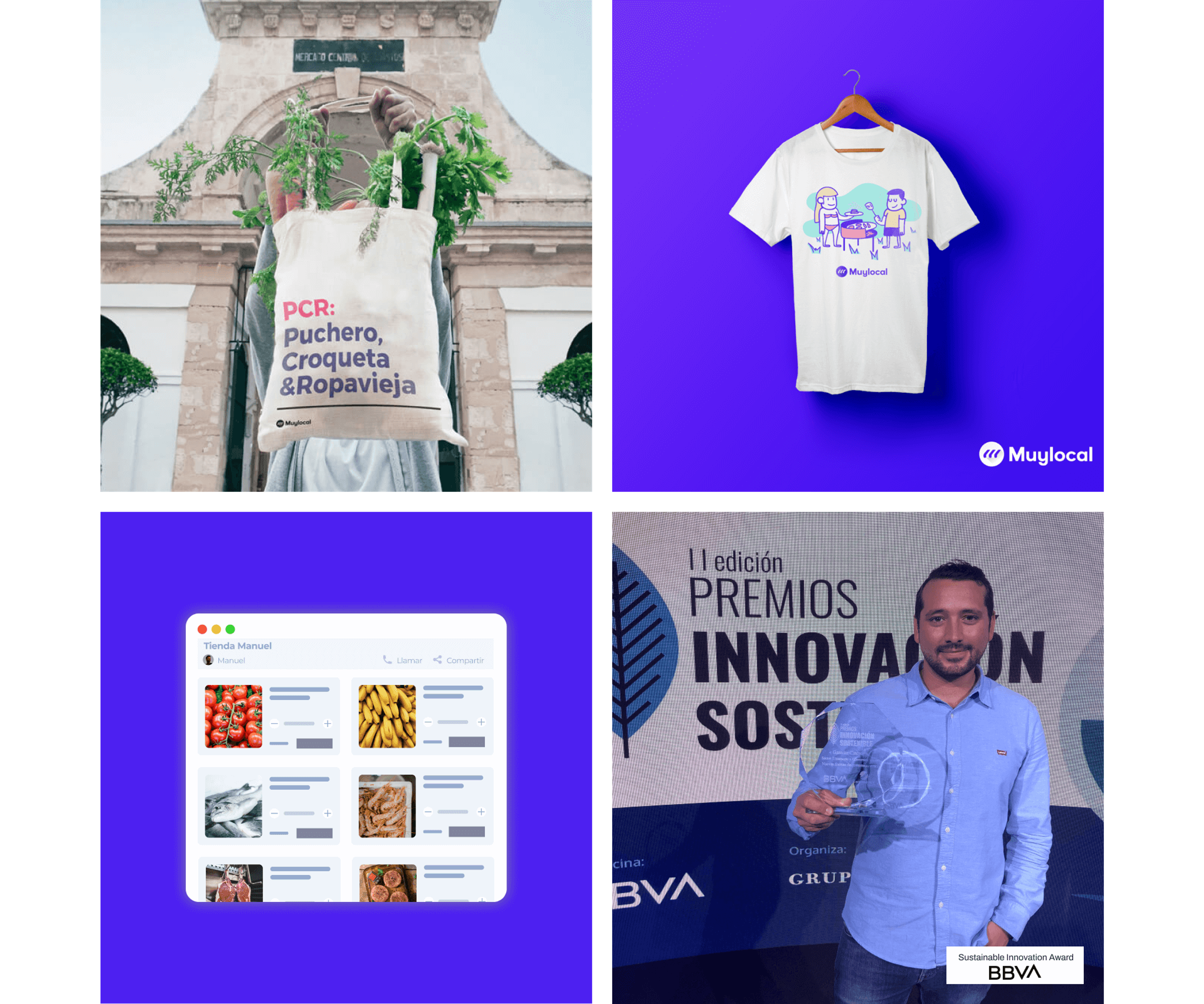 Four visuals: One of them showing a totebag with food inside, on the totebag there is the text: PCR: Puchero, Croqueta and Ropavieja. A T-Shirt with an illustration in the Muylocal style. A sreenshot of the Muylocal application. Picture of the founder Jesus Coto with the Innovation Award for Muylocal.