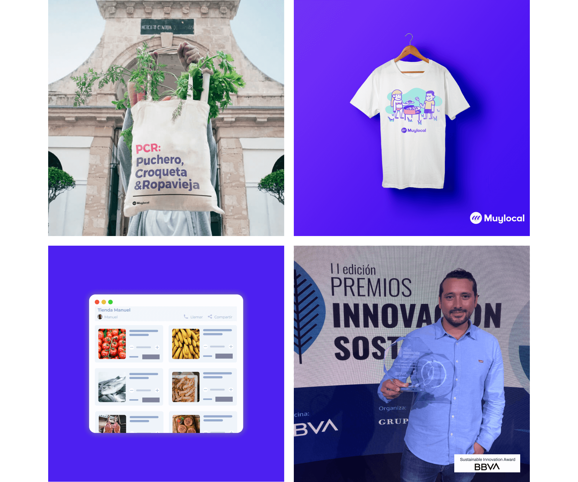 Four visuals: One of them showing a totebag with food inside, on the totebag there is the text: PCR: Puchero, Croqueta and Ropavieja. A T-Shirt with an illustration in the Muylocal style. A sreenshot of the Muylocal application. Picture of the founder Jesus Coto with the Innovation Award for Muylocal.