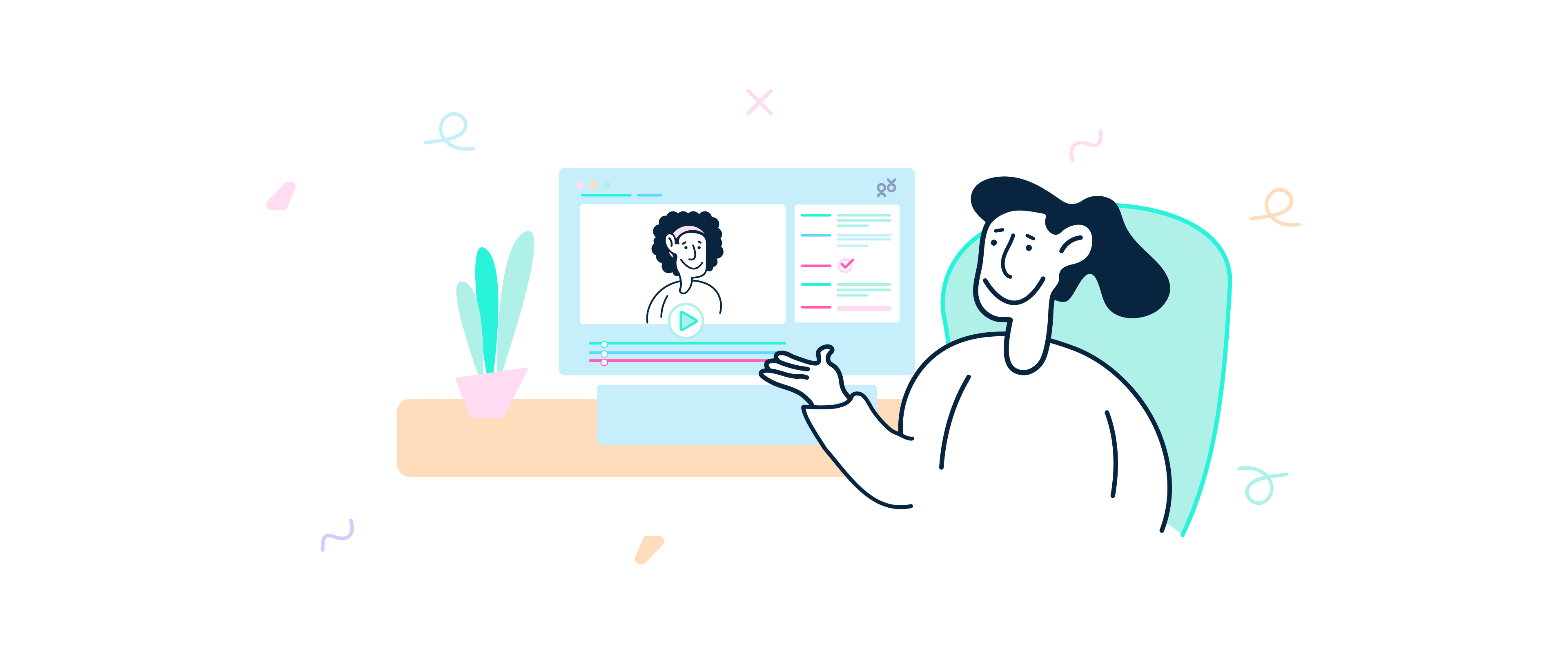 Branded illustration showing a woman watching a tutorial on her laptop.