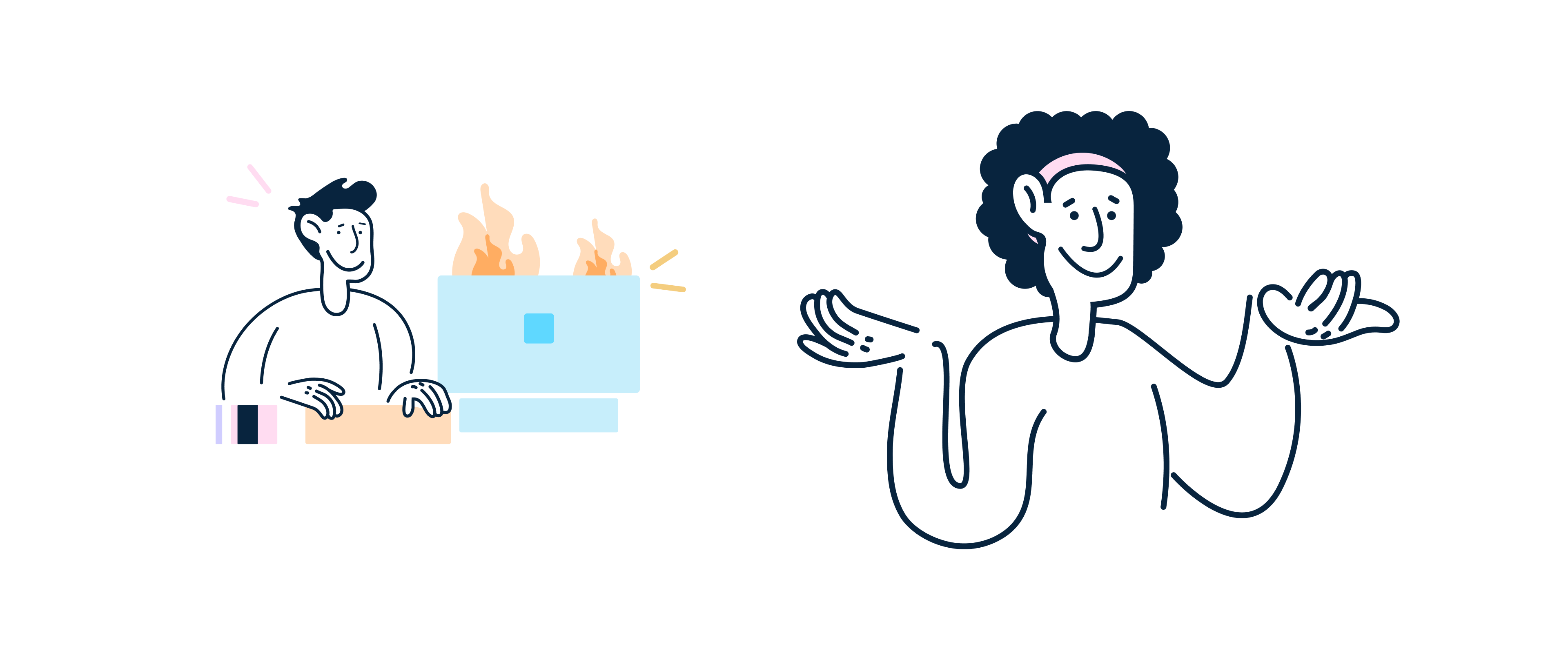 Two branded illustrations. On the left one, a man is working on a computer. On the right one, a woman is raising her arms. Both smiling.