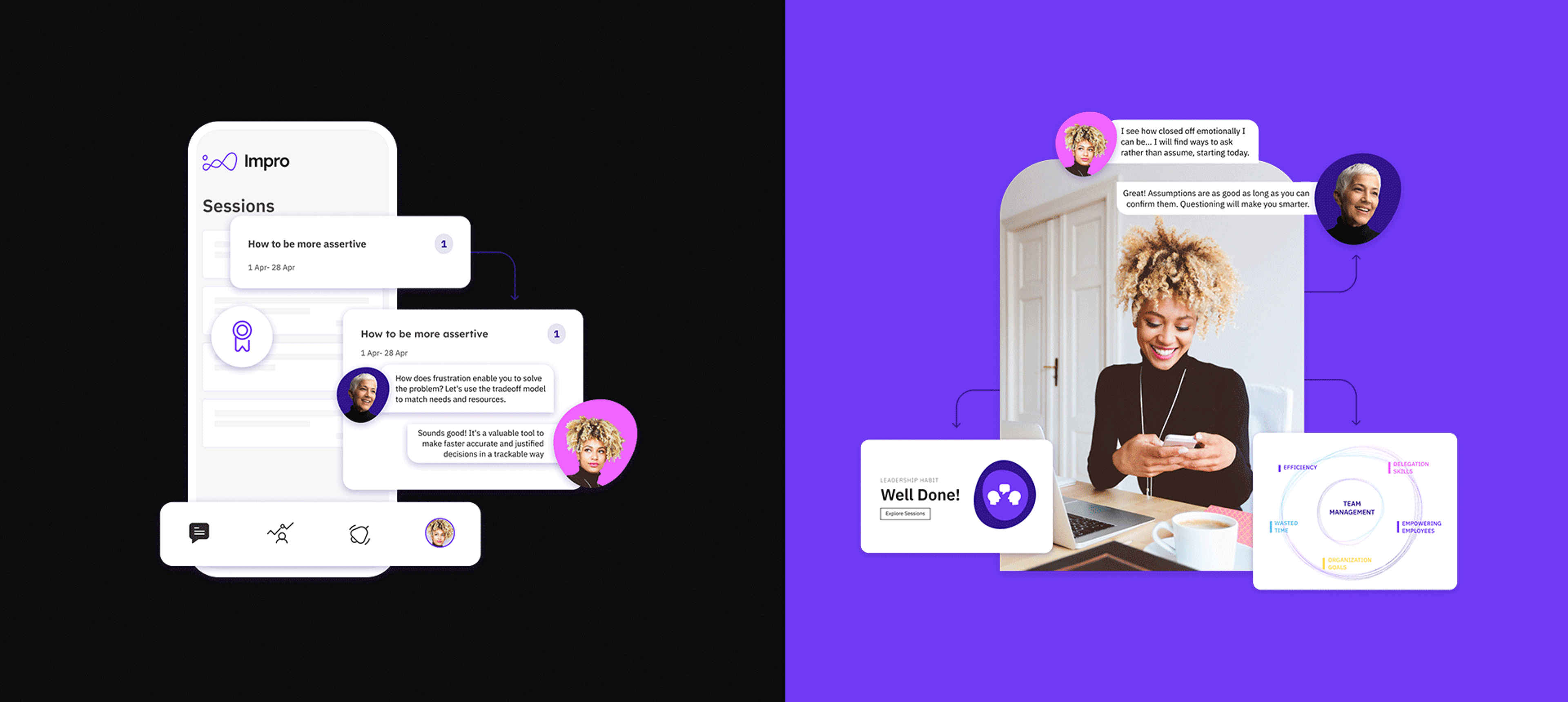 Two gifs, both of them showing part of the user interace and branded illustrations for Impro.